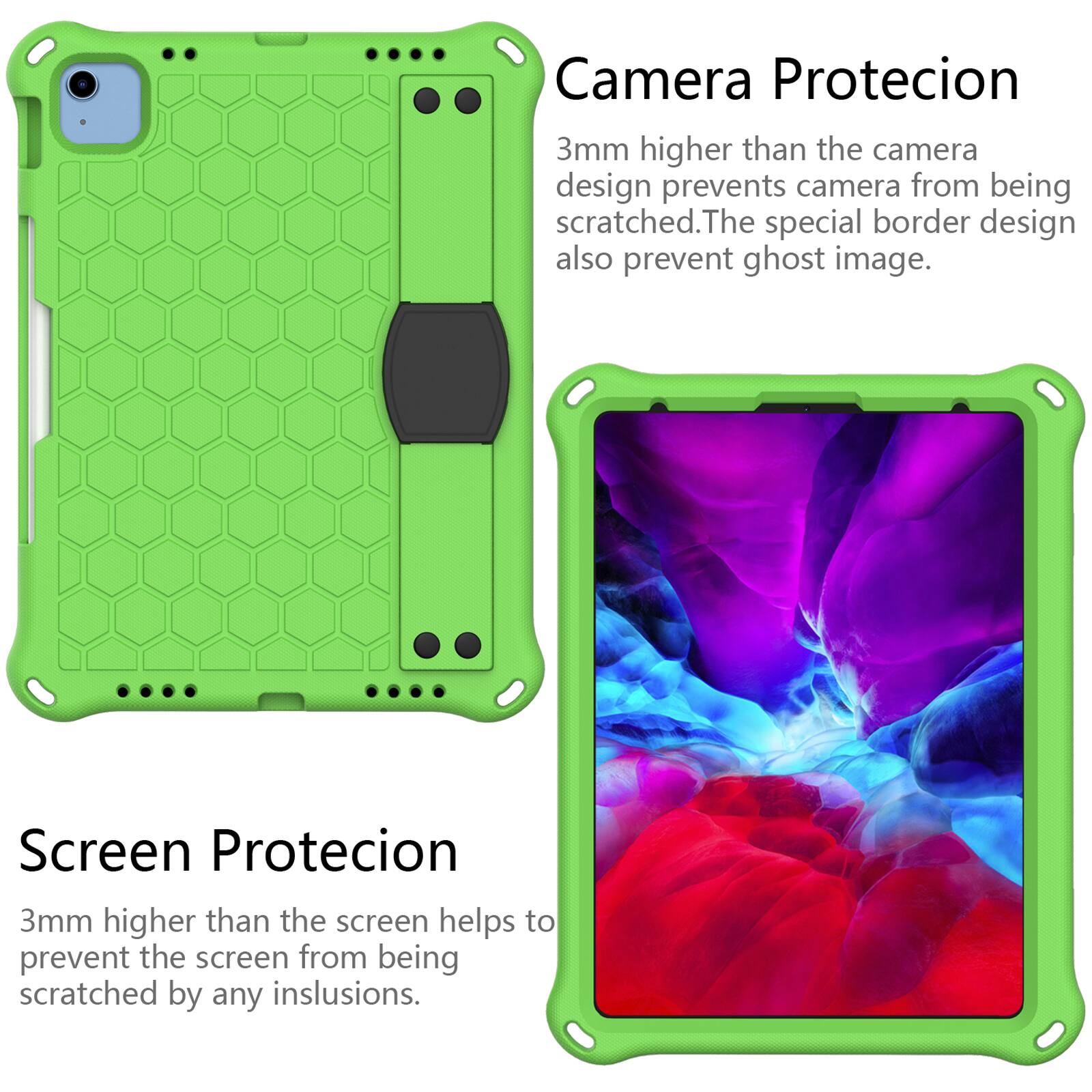 Camera Protecion  
3mm higher than the camera design prevents camera from being scratched. The special border design also prevent ghost image.  

Screen Protecion  
3mm higher than the screen helps to prevent the screen from being scratched by any inslusions.