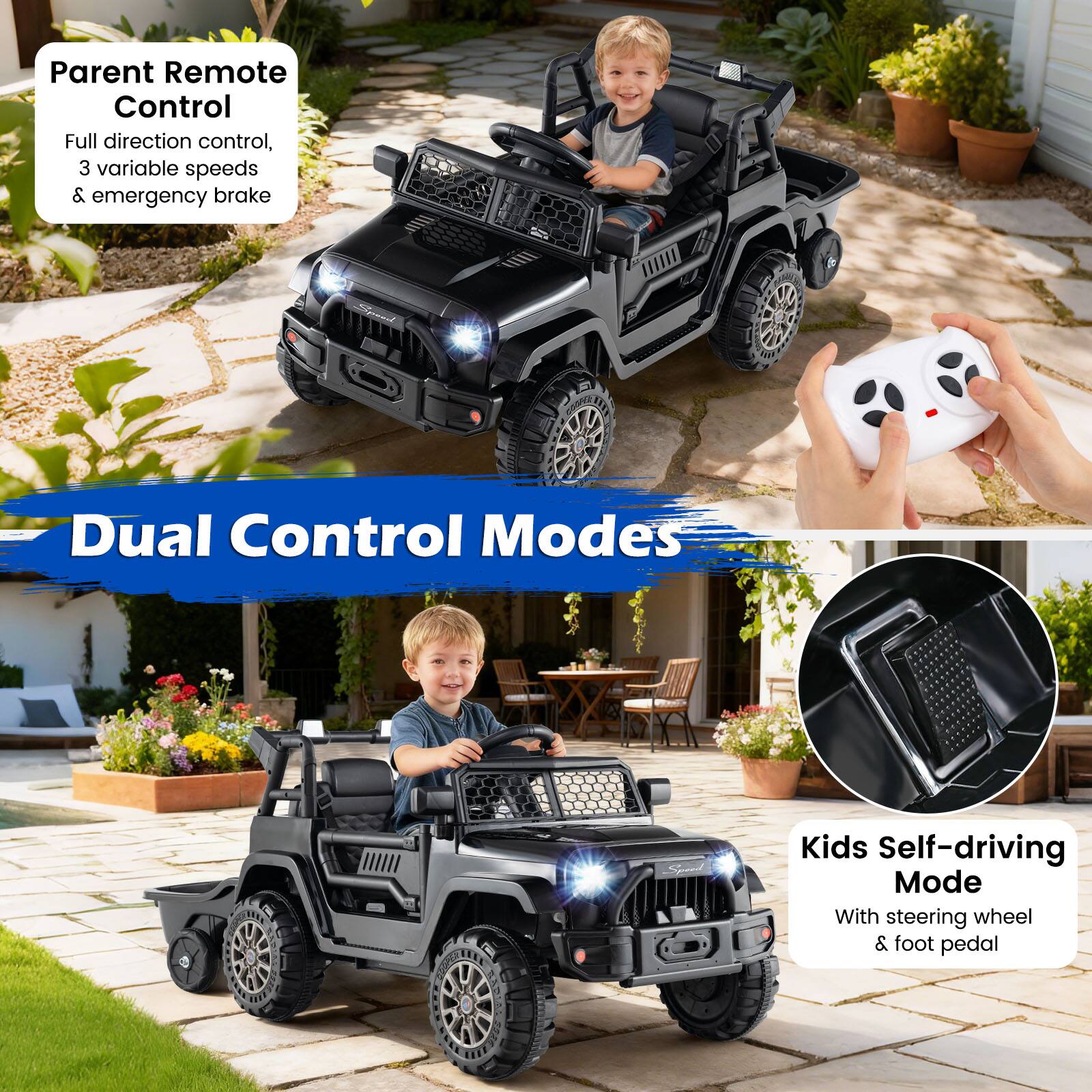 Parent Remote Control  
Full direction control, 3 variable speeds & emergency brake  

Dual Control Modes  

Kids Self-driving Mode  
With steering wheel & foot pedal