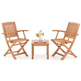 Mondawe - 3 PCS Eucalyptus Wood Patio Bistro Set with 2 Folding Arm Chairs - Natural