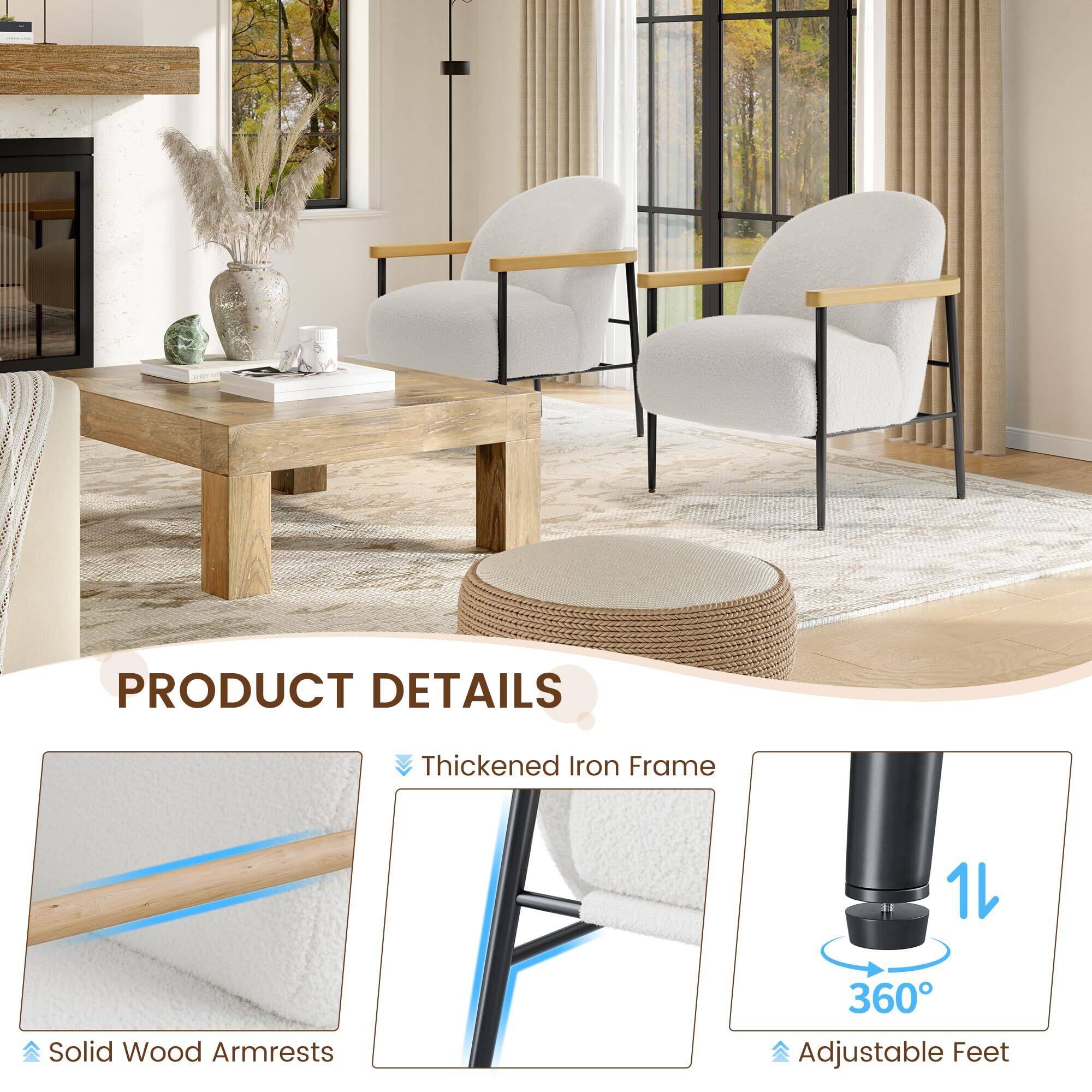 PRODUCT DETAILS  
- Thickened Iron Frame  
- Solid Wood Armrests  
- 360° Adjustable Feet