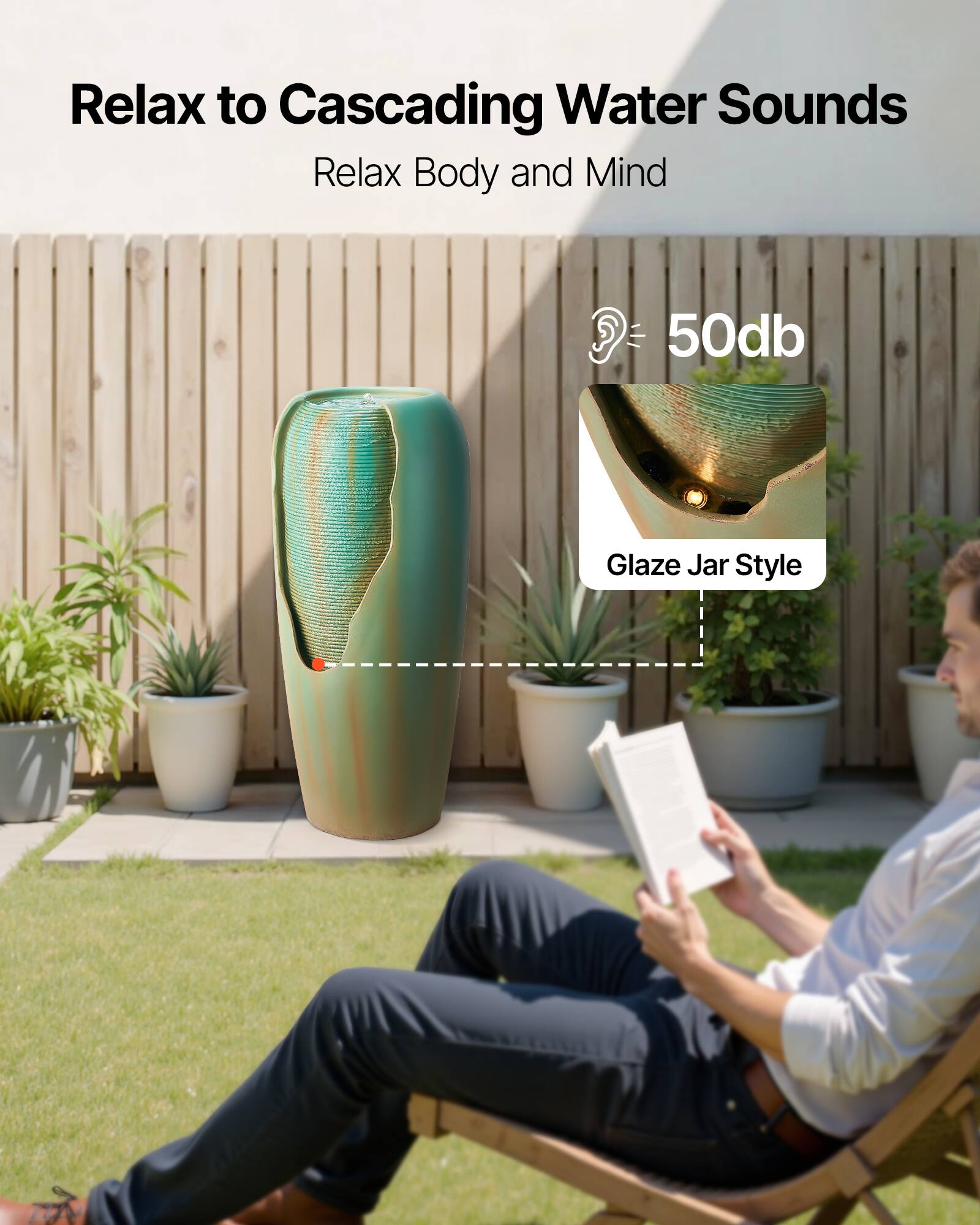 Relax to Cascading Water Sounds  
Relax Body and Mind  

50db  

Glaze Jar Style