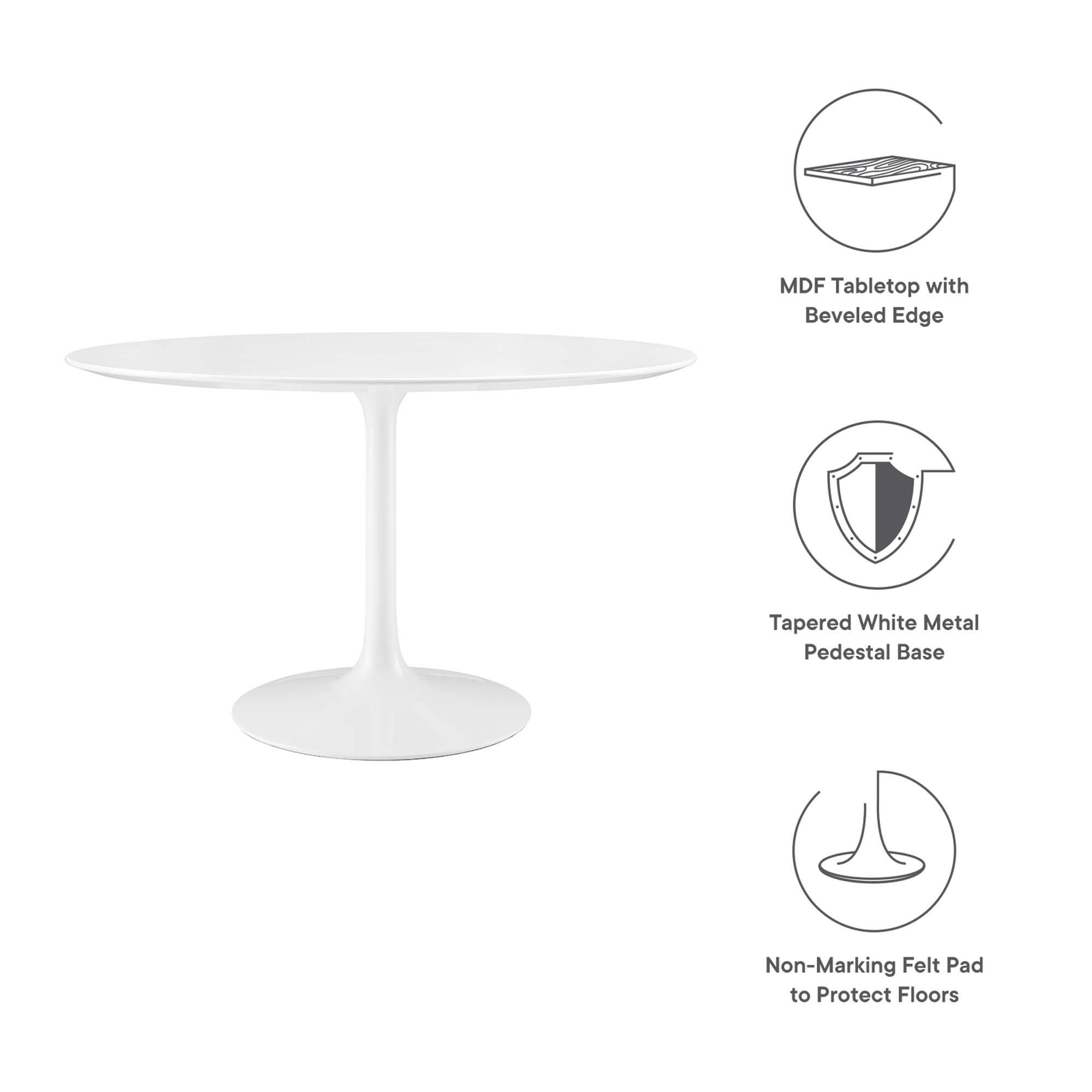 MDF Tabletop with Beveled Edge  
Tapered White Metal Pedestal Base  
Non-Marking Felt Pad to Protect Floors
