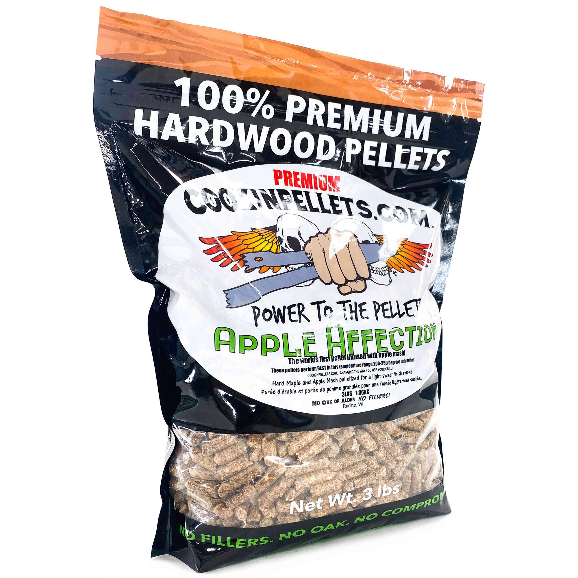 100% PREMIUM HARDWOOD. PREMIUM COONPELLETS.COM POWER TO THE PELLET APPLE EFFECTIOY. The worlds first - - - 200 -200 MS . - temperature - These pellets perform - - - - matat HUEC - ANURL Set anoks for a lghe oven Apple Mach pellatized Aginement nuie Hard Mapie and - Famia granule pour Purie Crable et puris de pommo 136KB JLBS FISIERS! OI ALOR NO No OOE W Racie, 3 lbs Net Wt. COMPRO NO NO OAK. NO FILLERS.