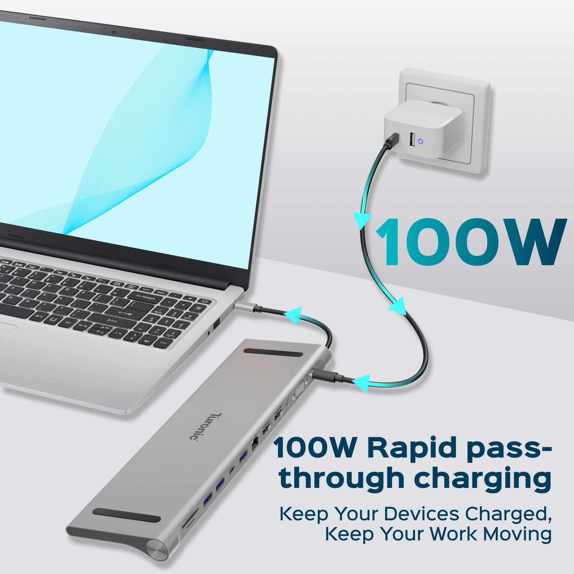 7 a + 2 & - f A a a 2 1 - u - V 2 2 - / / I 2 . / 5 - - - - 2 en 5 2 . - : F of - i 100W Turonic 100W Rapid pass-through charging Keep Your Devices Charged, Keep Your Work Moving