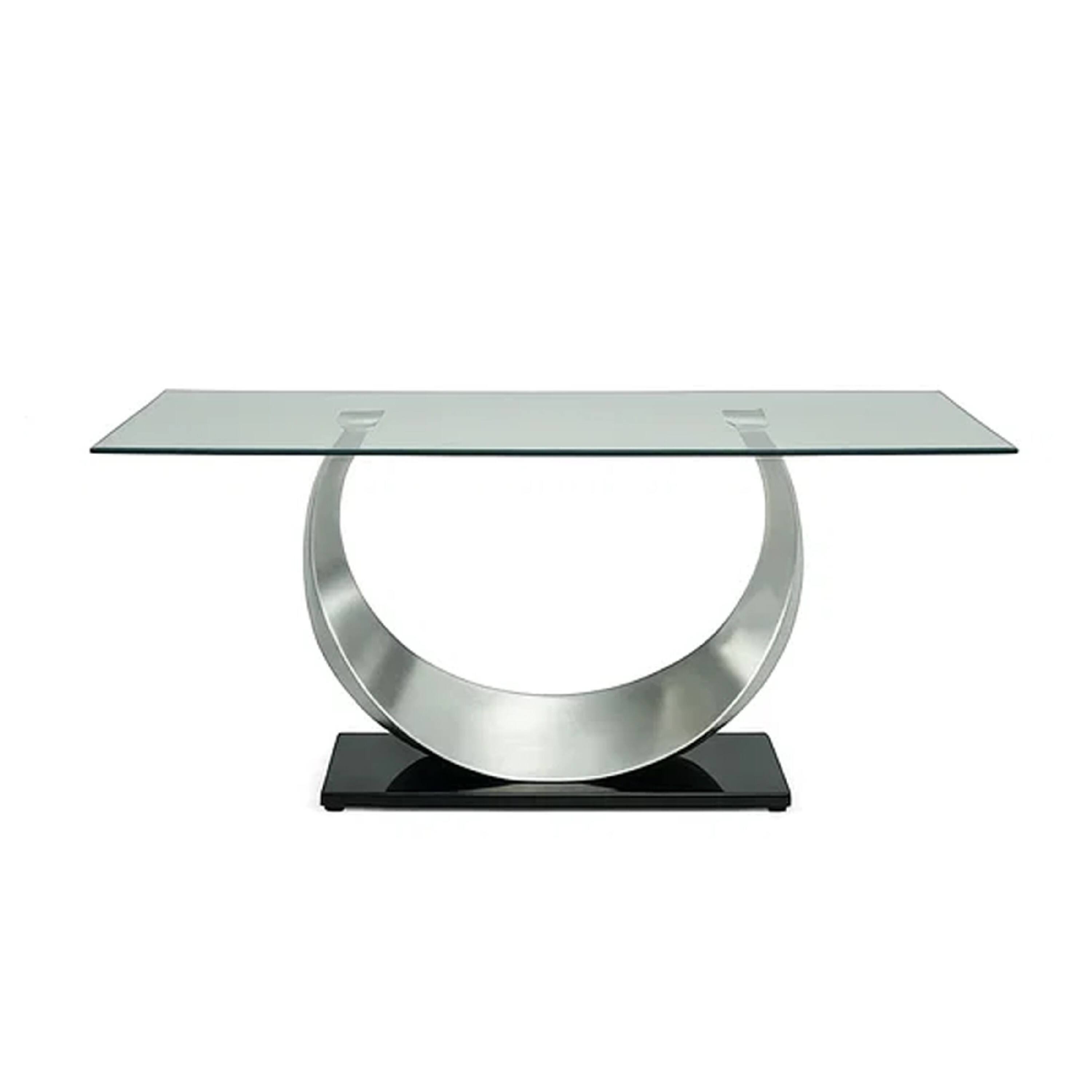 Alt View 1. Manhattan Lane - Metal and Glass Dining Table with Unique U Shape Pedestal Base - Chrome and Black.