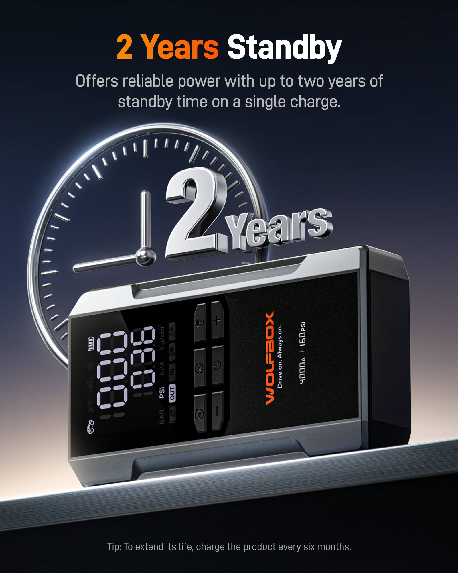 2 Years Standby  
Offers reliable power with up to two years of standby time on a single charge.  

2 Years  
Always On  

160 PSI  
Kg/cm²  
880 PSI  

WOLFBOX  
Drive On  

Tip: To extend its life, charge the product every six months.