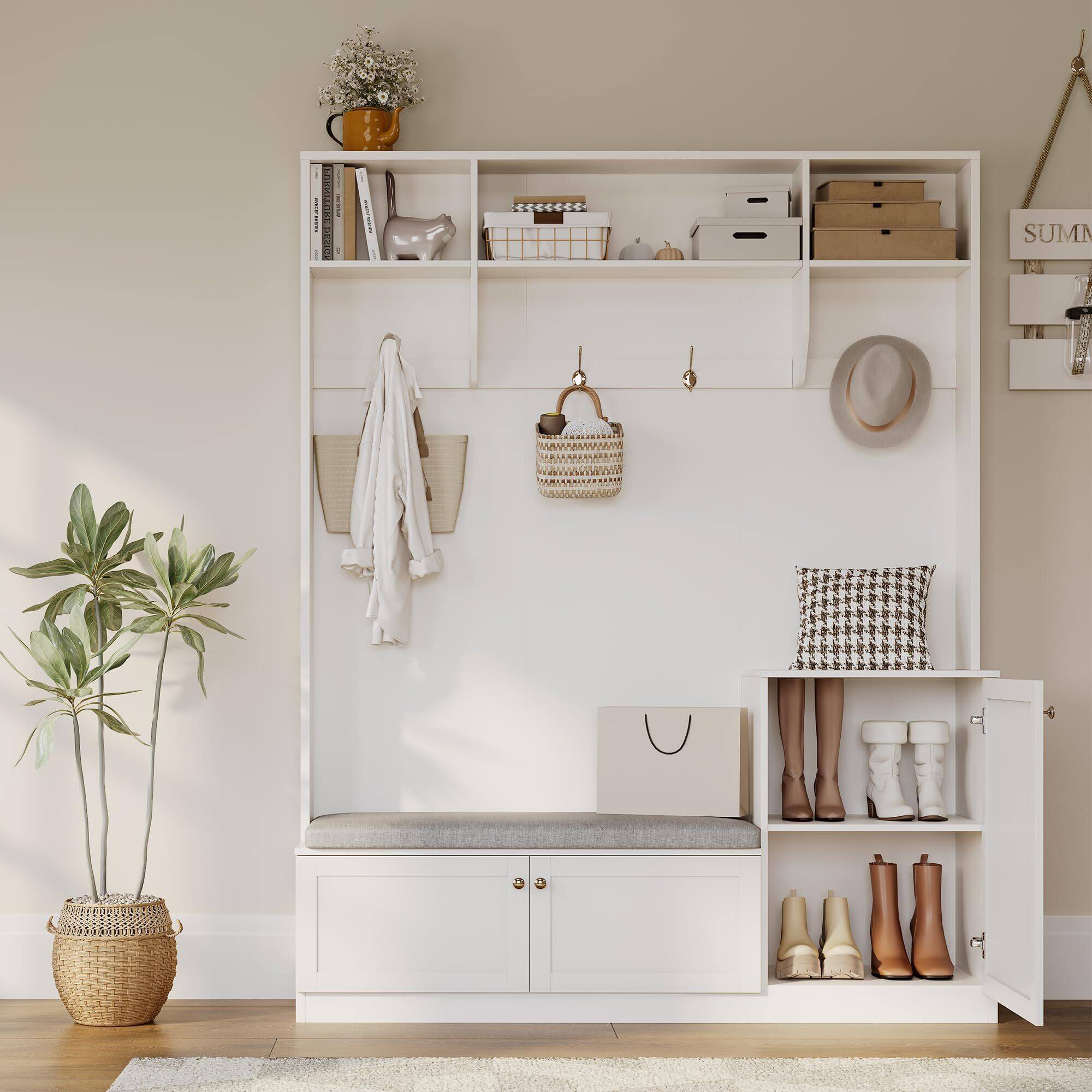 Alt View 4. Acekool - Hall Tree with Bench and Shoe Storage, 3-in-1 Farmhouse Entryway Bench with Coat Rack, 4 Hooks - White.