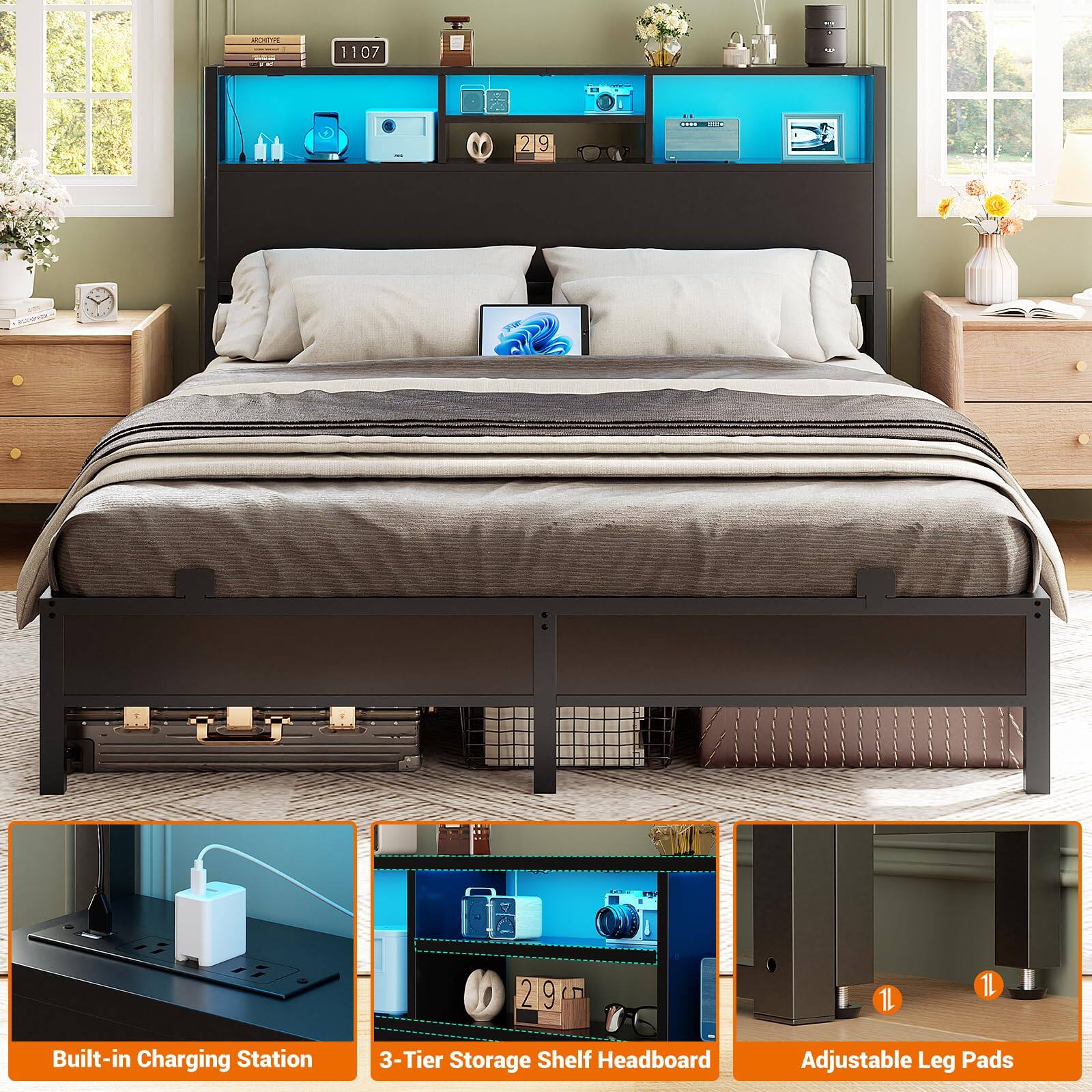 1107 219 9 .... LW I 29 2 9 1L 1L Built-in Charging Station 3-Tier Storage Shelf Headboard Adjustable Leg Pads
