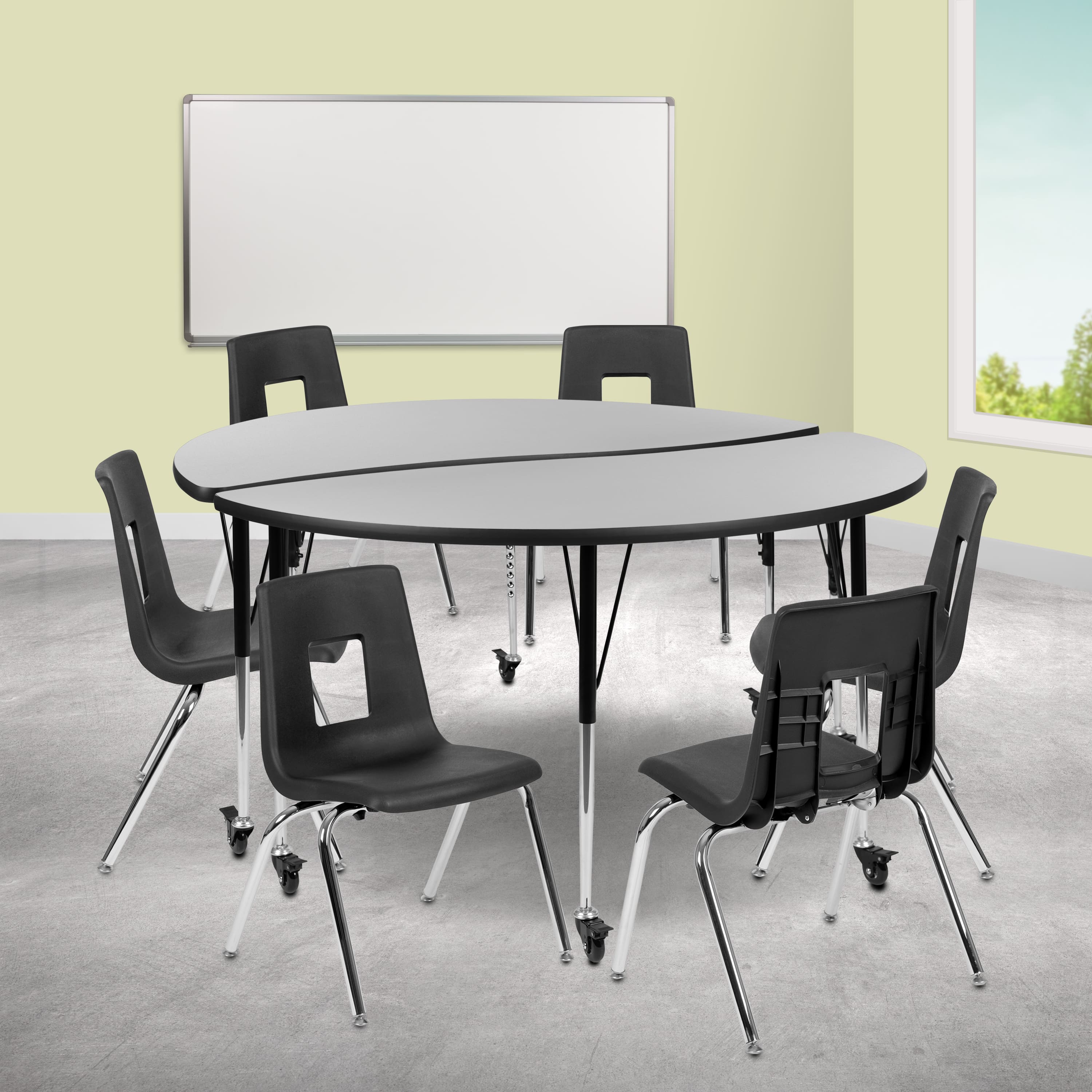 "Emma + Oliver - Mobile 60"" Circle Wave Collaborative Laminate Activity Table Set with 18"" Student Stack Chairs, Grey/Black - Gray" price history on PriceWatchPro