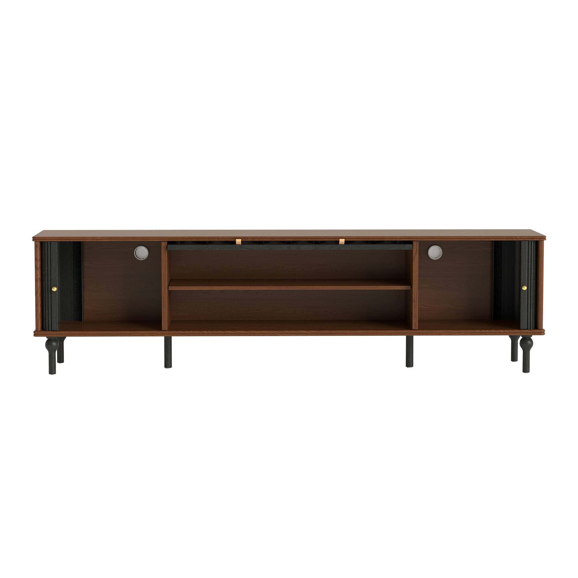 Alt View 5. luck idea - 78.74" TV Stand Media Console with Sliding Doors, Arched Glass & Solid Wood Legs - Walnut Color.