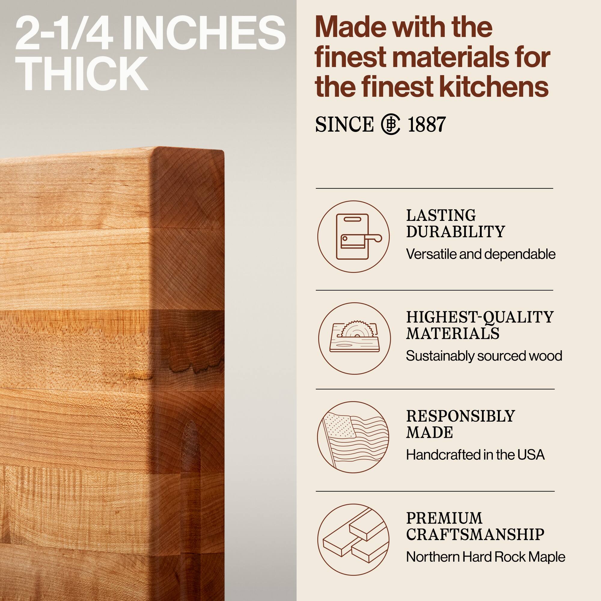 2-1/4 INCHES THICK

Made with the finest materials for the finest kitchens SINCE 1887

- LASTING DURABILITY
  Versatile and dependable

- HIGHEST-QUALITY MATERIALS
  Sustainably sourced wood

- RESPONSIBLY MADE
  Handcrafted in the USA

- PREMIUM CRAFTSMANSHIP
  Northern Hard Rock Maple