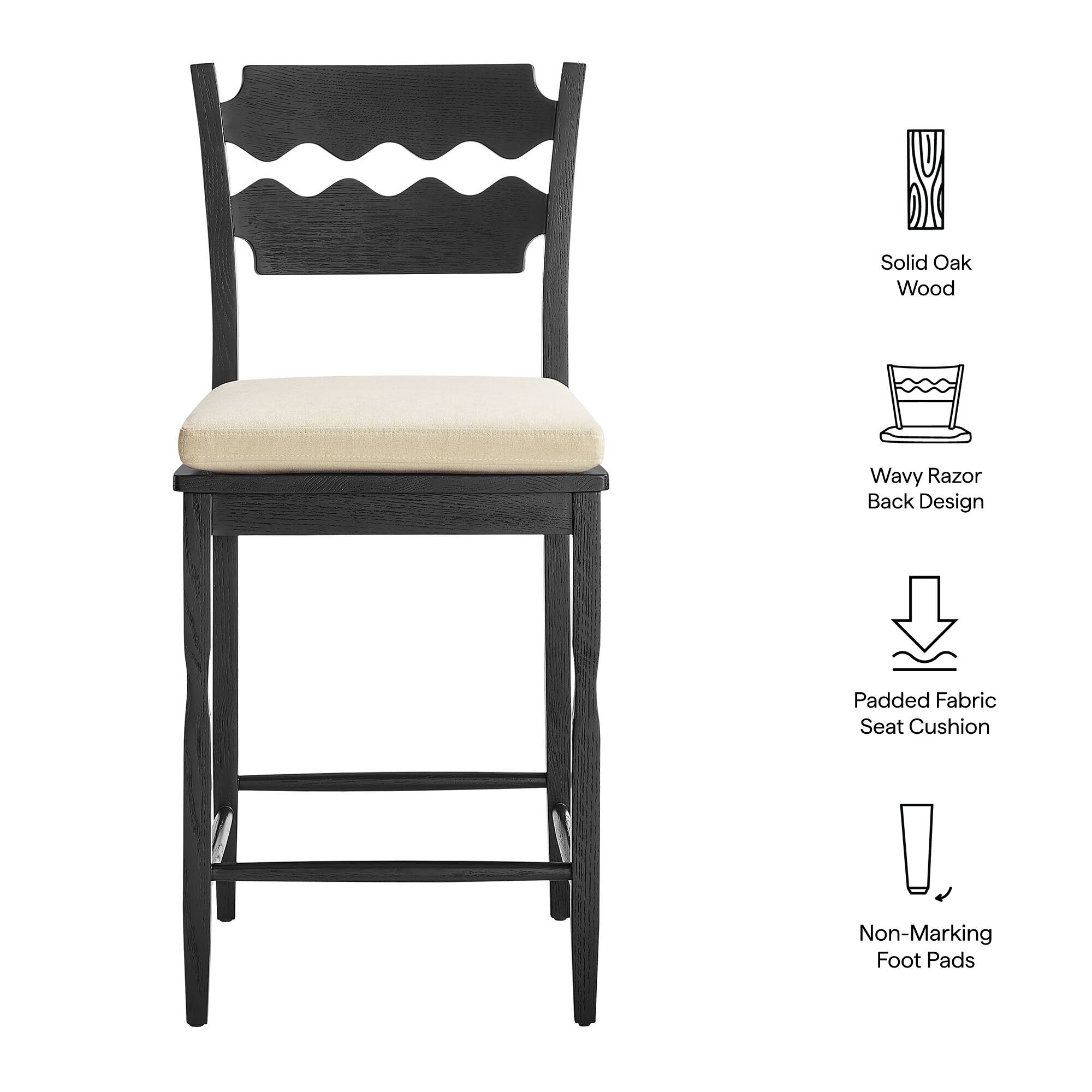 Solid Oak Wood Wavy Razor Back Design Padded Fabric Seat Cushion Non-Marking Foot Pads