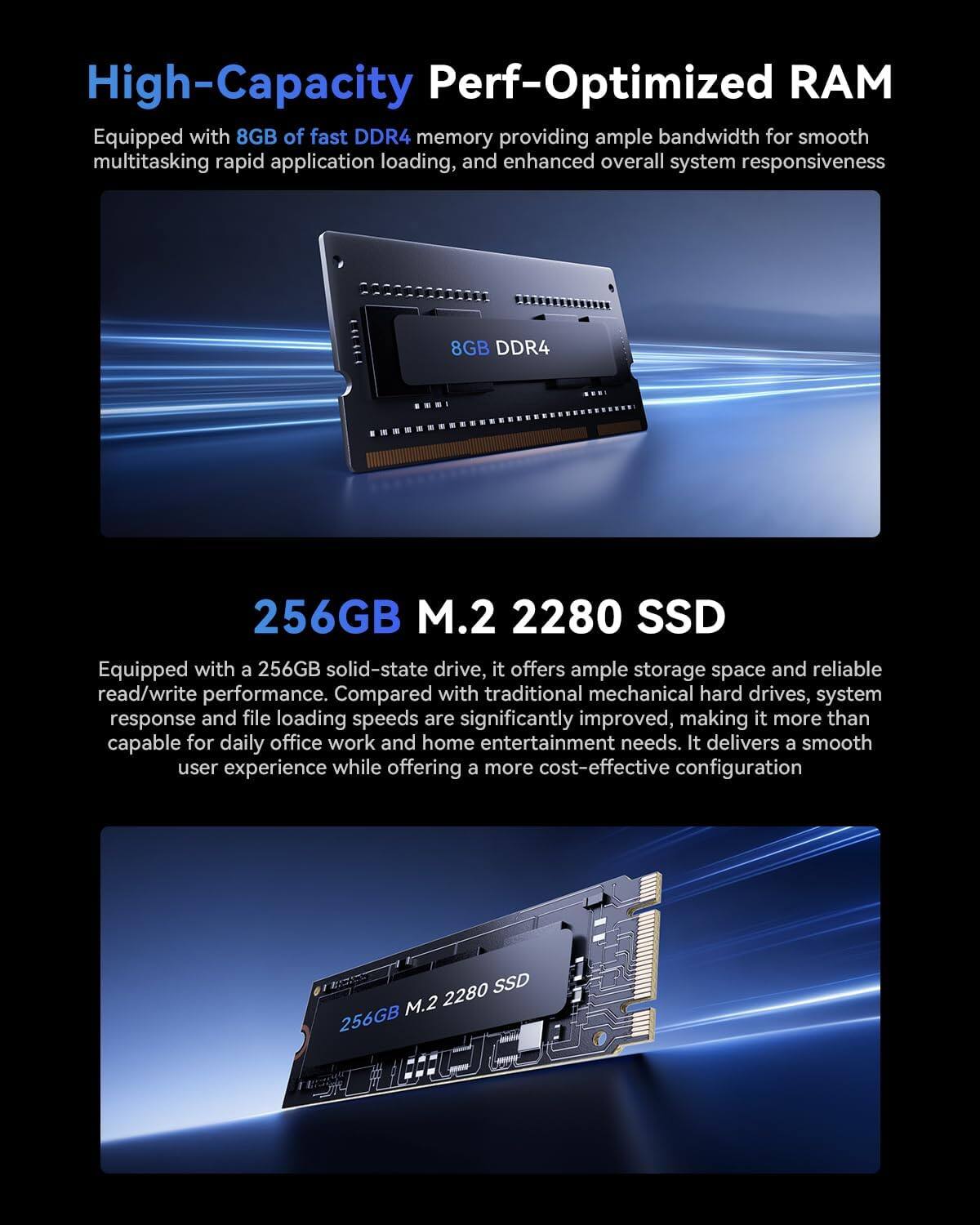 High-Capacity Perf-Optimized RAM  
Equipped with 8GB of fast DDR4 memory providing ample bandwidth for smooth multitasking, rapid application loading, and enhanced overall system responsiveness

8GB DDR4

256GB M.2 2280 SSD  
Equipped with a 256GB solid-state drive, it offers ample storage space and reliable read/write performance. Compared with traditional mechanical hard drives, system response and file loading speeds are significantly improved, making it more than capable for daily office work and home entertainment needs. It delivers a smooth user experience while offering a more cost-effective configuration

2280 SSD M.2 256GB