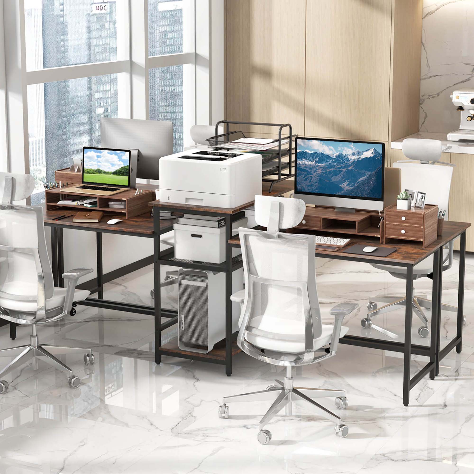 Alt View 1. Costway - Costway 97 Inch Two Person Desk Double Computer Desk with Power Outlets Printer Stand - Brown.