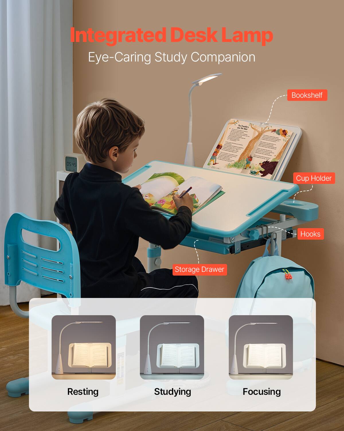 Integrated Desk Lamp  
Eye-Caring Study Companion  

- Bookshelf  
- Cup Holder  
- Hooks  
- Storage Drawer  

Resting  
Studying  
Focusing