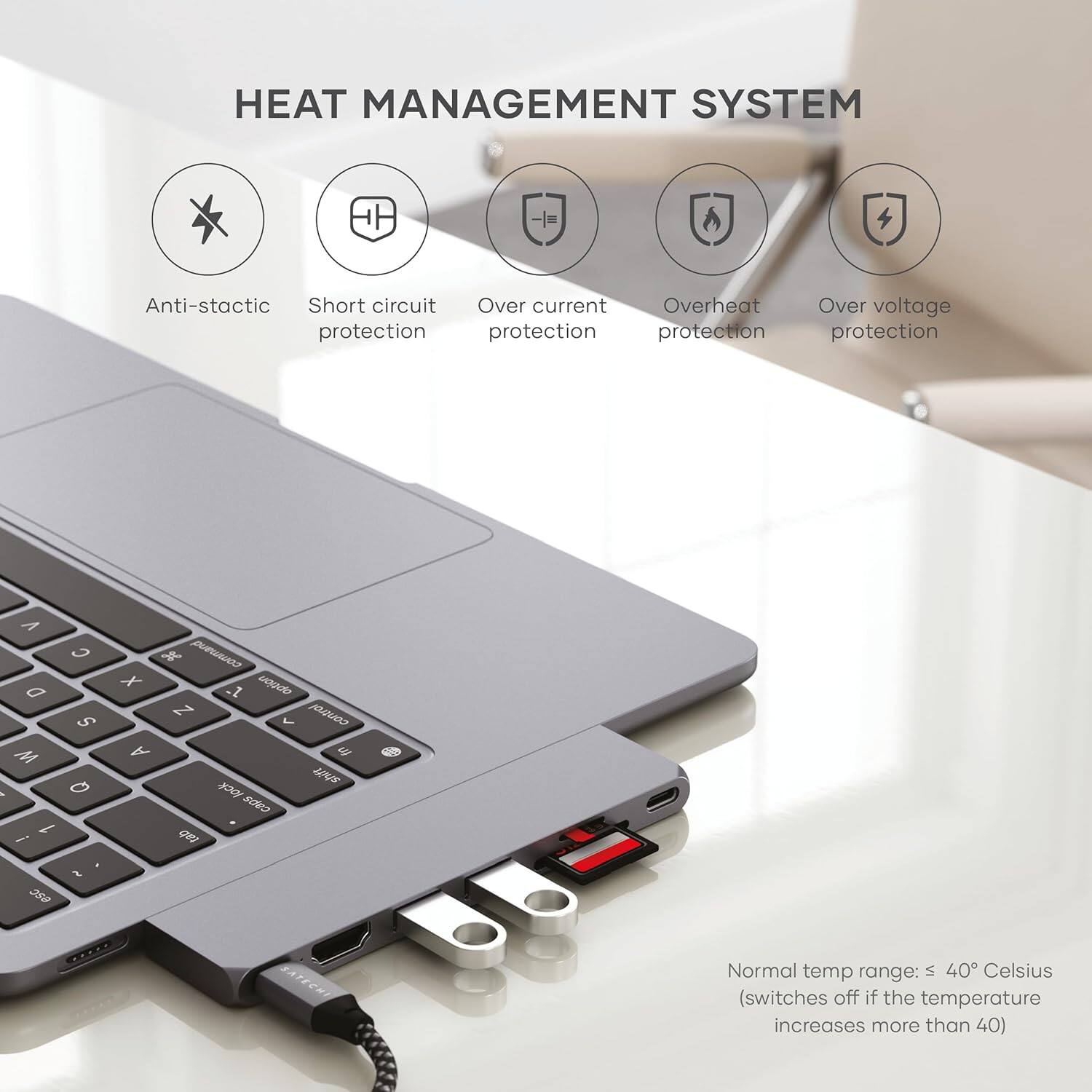HEAT MANAGEMENT SYSTEM - I - Anti-static Short circuit Over current Overheat protection Over voltage protection > 40 Celsius (switches off if the temperature increases more than 40)