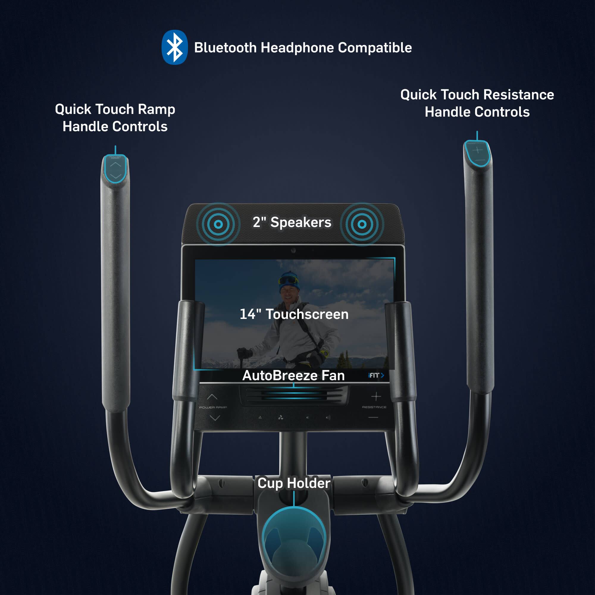 Bluetooth Headphone Compatible

Quick Touch Ramp Handle Controls

Quick Touch Resistance Handle Controls

2" Speakers

14" Touchscreen

AutoBreeze Fan

Cup Holder