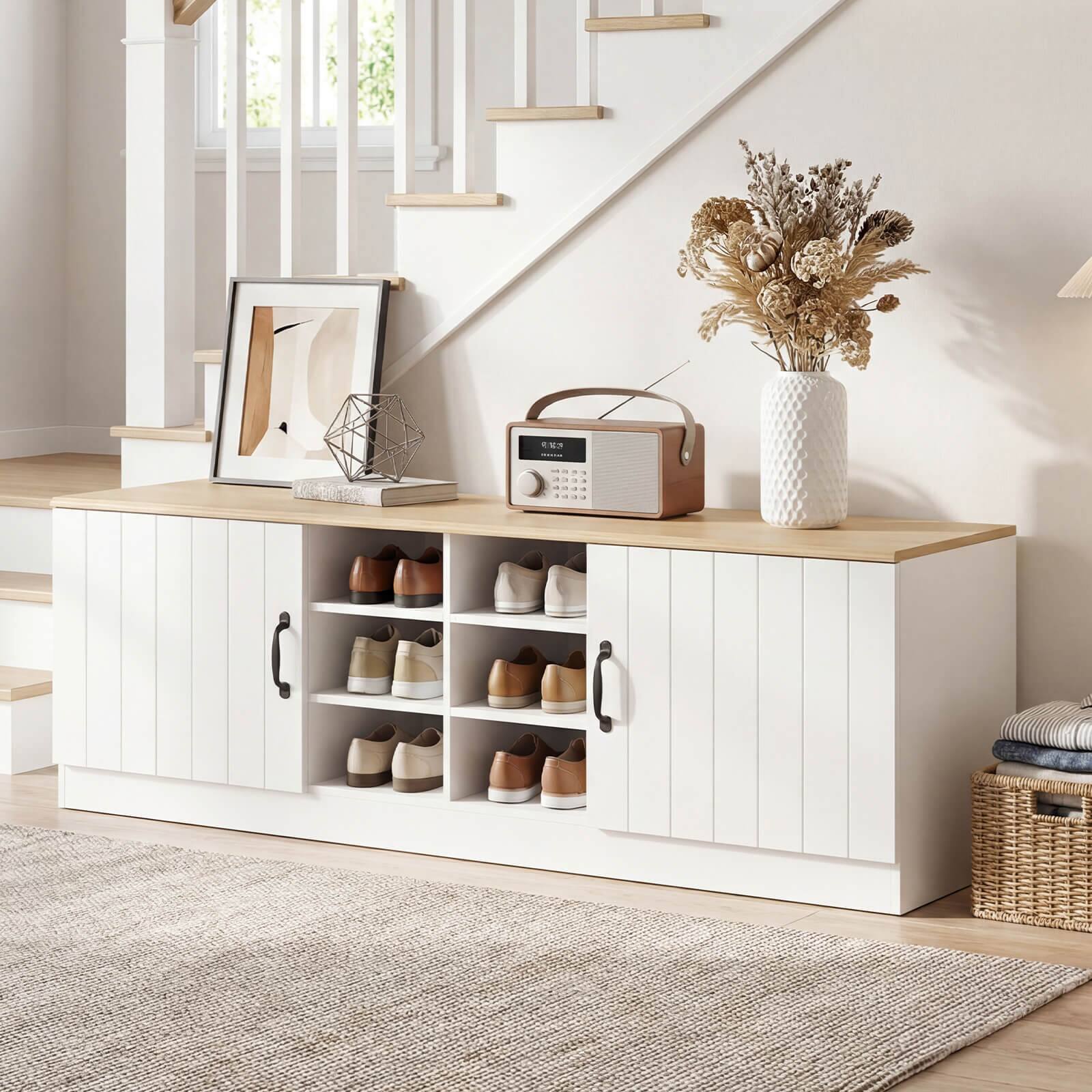 Alt View 3. Costway - Costway 2-Door Shoe Bench wirh Adjustable Shelves & 6 Compartments, Hidden Storage Space - Natural+White.
