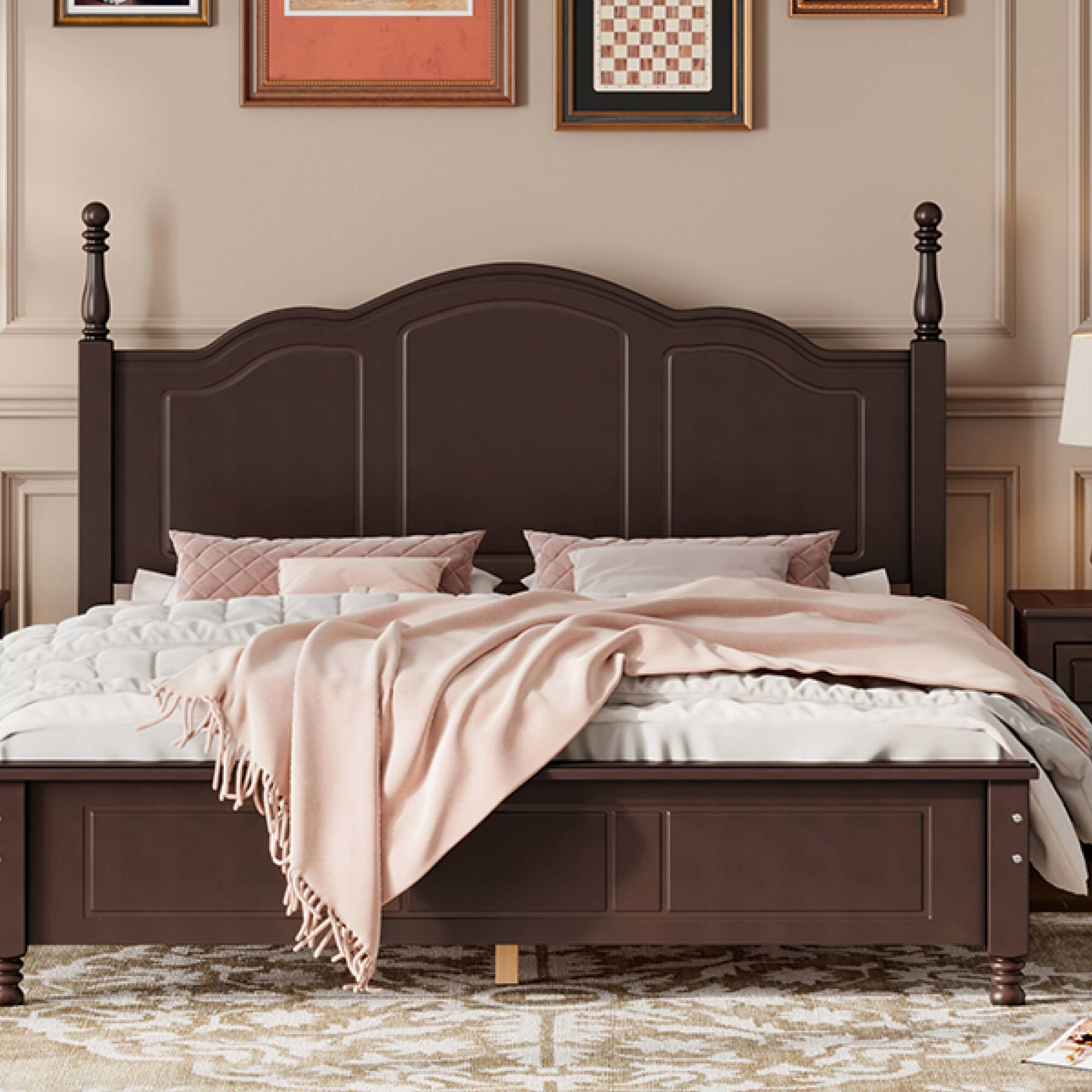 Alt View 8. GOODSILO - Queen Size Retro Wood Platform Bed Frame with Wooden Slat Support for Mattress - Walnut.