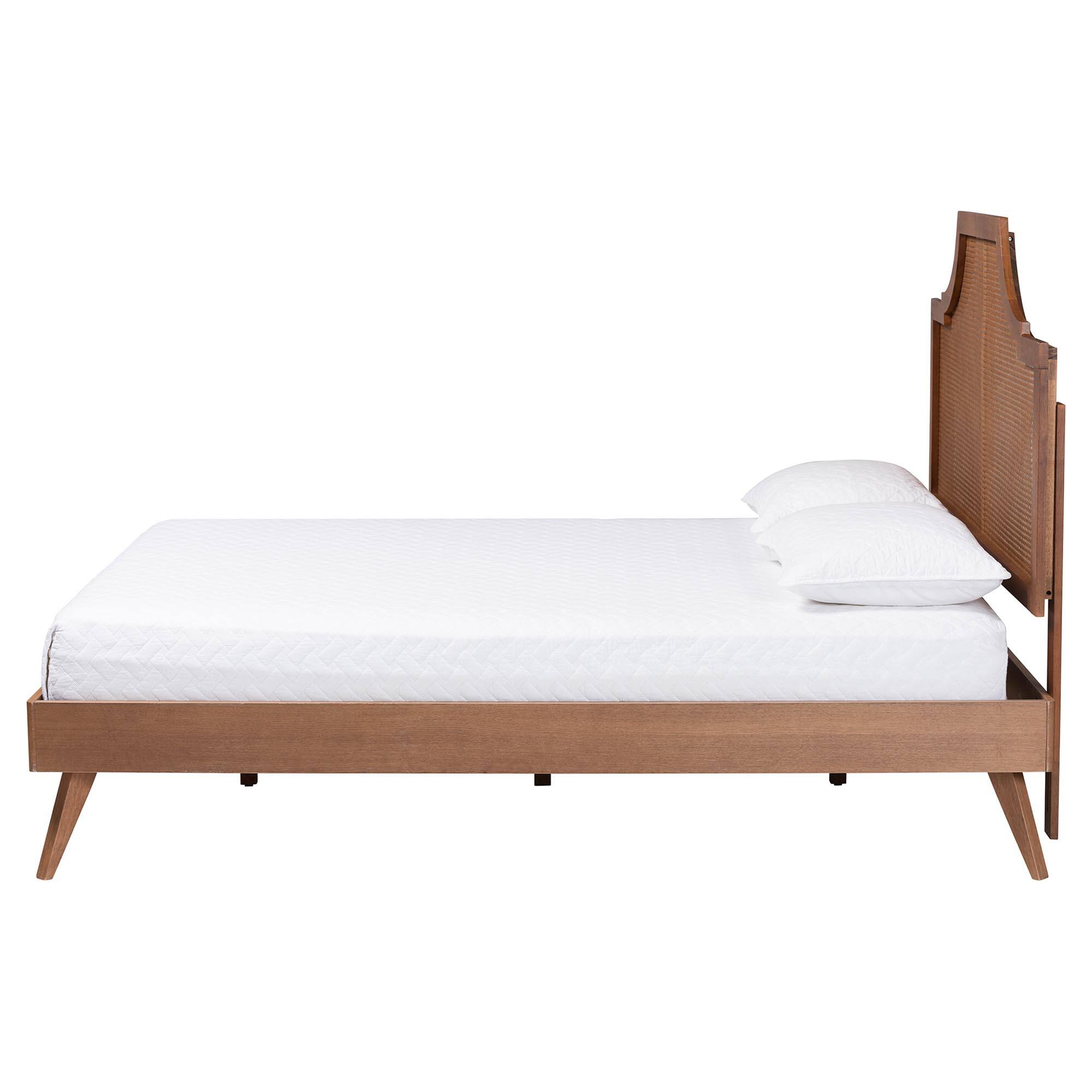 Angle. Baxton Studio - Rodolfo Platform Bed - Mid-Century Modern Bed with Woven Rattan Headboard, Queen - Ash Walnut.