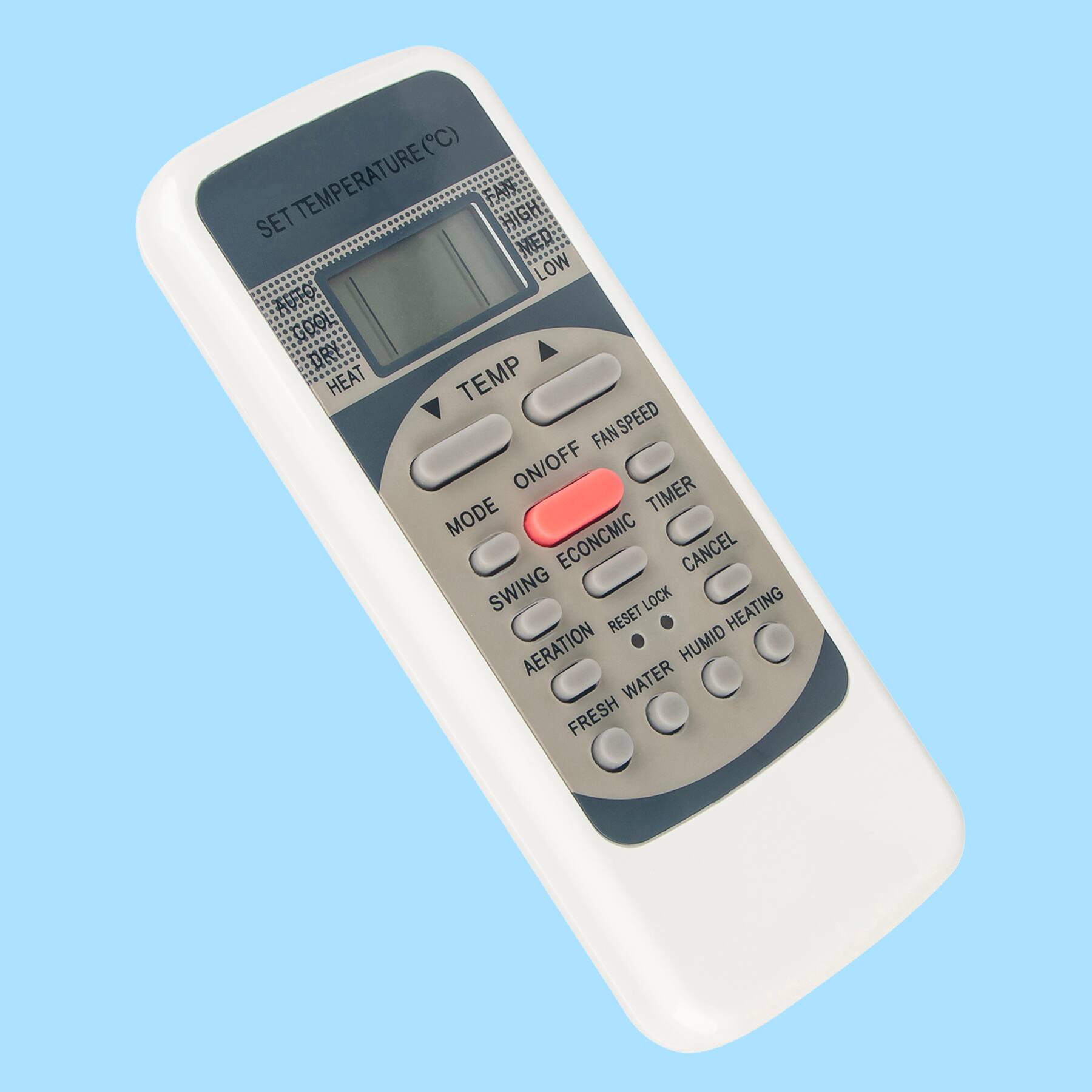 Sure, here is the corrected and grouped text from the image:

**Temperature Settings:**
- SET TEMPERATURE (°C)
- FAN: HIGH, MEDIUM, LOW, OFF
- MODE: COOL, DRY, HEAT

**Main Controls:**
- TEMP (up and down arrows)
- ON/OFF
- FAN SPEED
- TIMER

**Additional Features:**
- ECONOMIC
- CANCEL
- SWING
- AERATION
- FRESH WATER
- HUMID HEATING
- RESET LOCK

**Other Functions:**
- MODE
- TIMER
- RESET