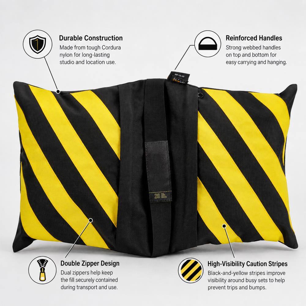 Durable Construction: Made from tough Cordura nylon for long-lasting studio and location use.

Reinforced Handles: Strong webbed handles on top and bottom for easy carrying and hanging.

Double Zipper Design: Dual zippers help keep the fill securely contained during transport and use.

High-Visibility Caution Stripes: Black-and-yellow stripes improve visibility around busy sets to help prevent trips and bumps.