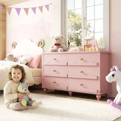 pink nursery dresser Kadyn Pink Chest of Drawer, 6 Double Drawer Dresser for Bedroom, Modern Storage Cabinet for Living Room, Dresser