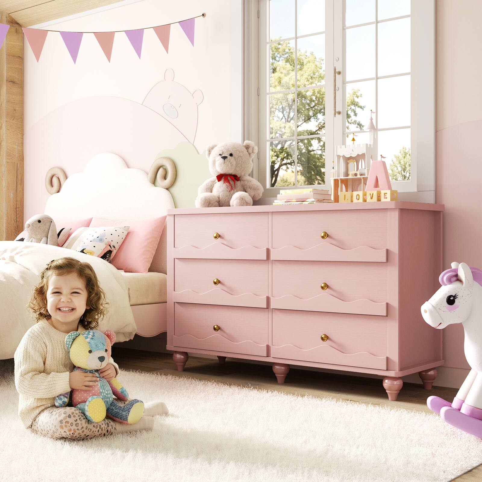 Back. Aheaplus - 43-inch Modern 6-Drawer Dresser with Scalloped Front for Bedroom & Living Room Storage - Pink.