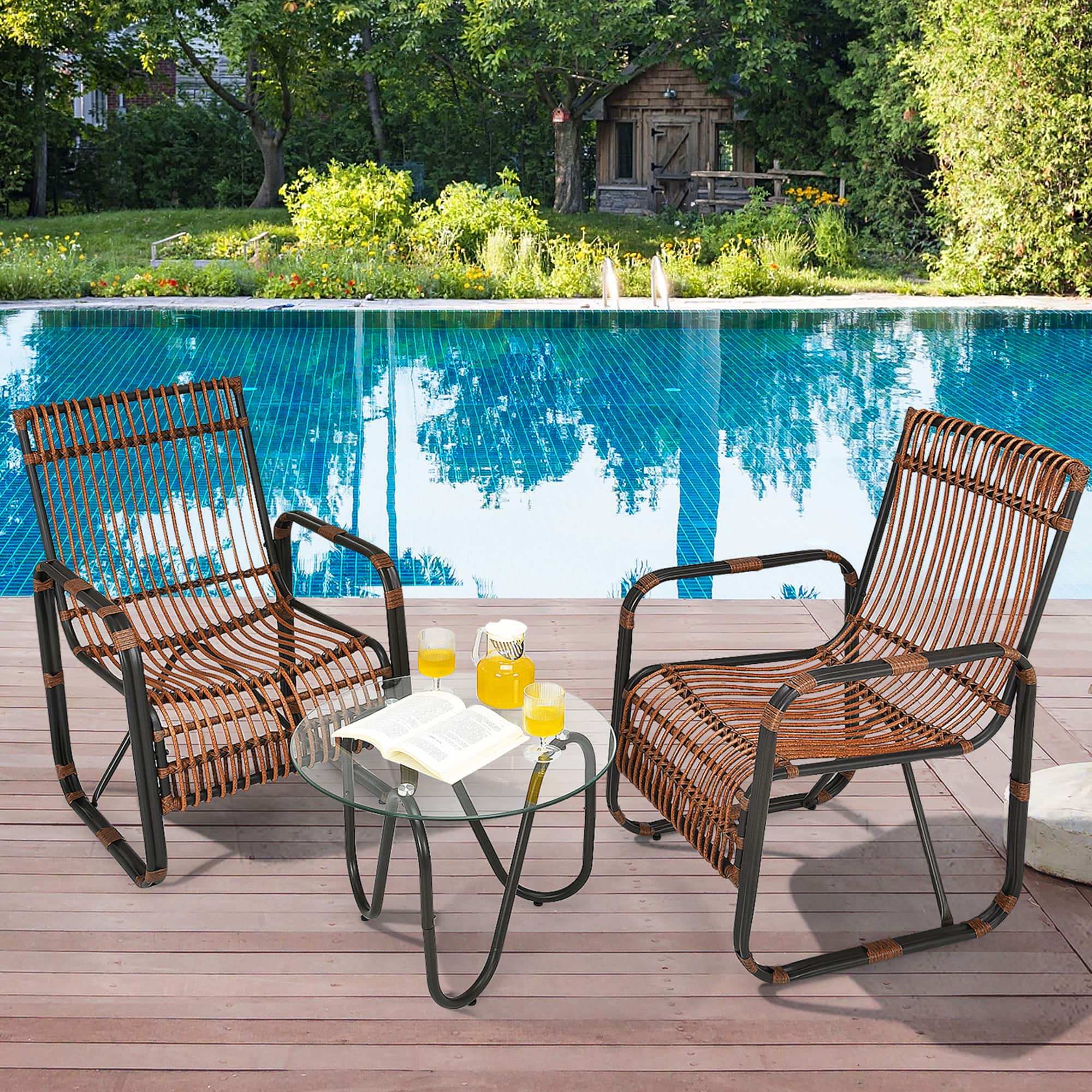 Gymax - 3PCS Rattan Patio Conversation Set Bistro Furniture Set w/ Glass Table - Brown + Black