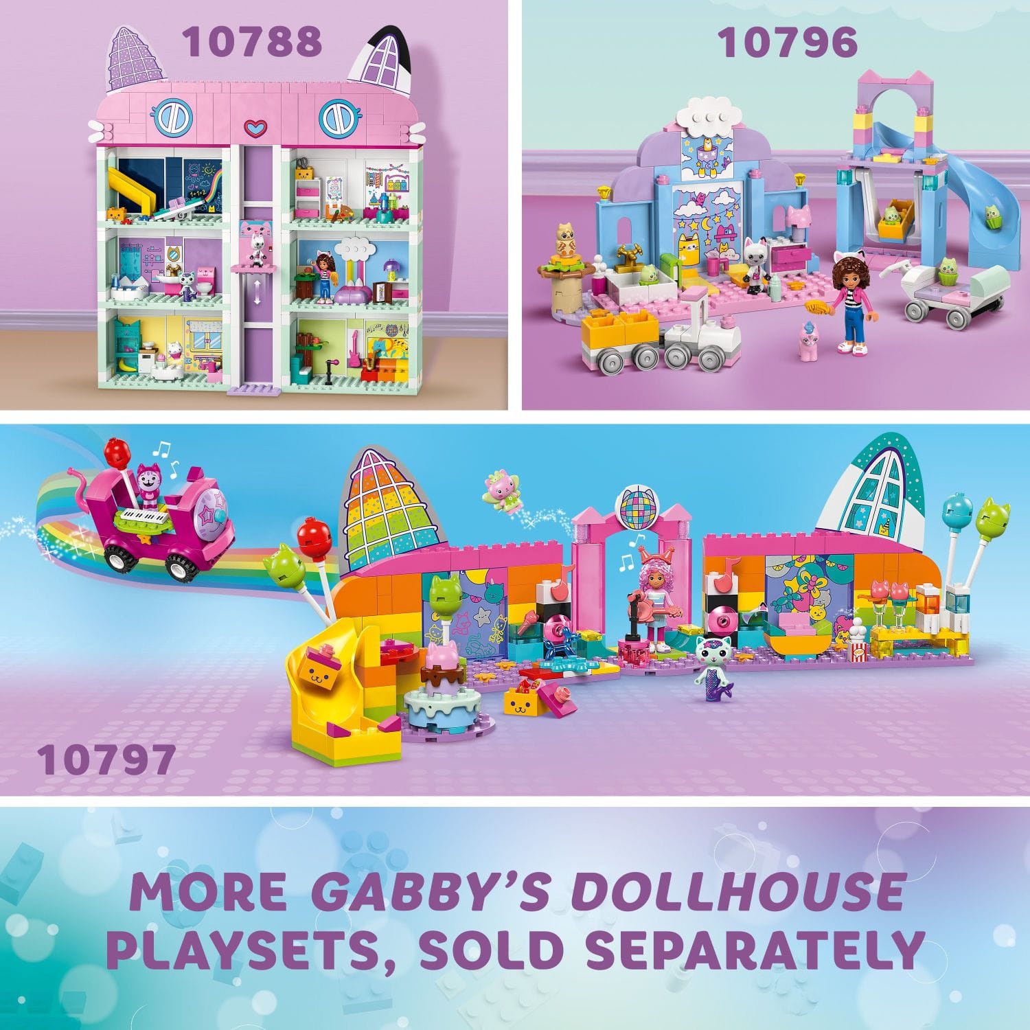 The text on the image is grouped and corrected as follows:
10788 10796 10797 More Gabby's Dollhouse Playsets, Sold Separately