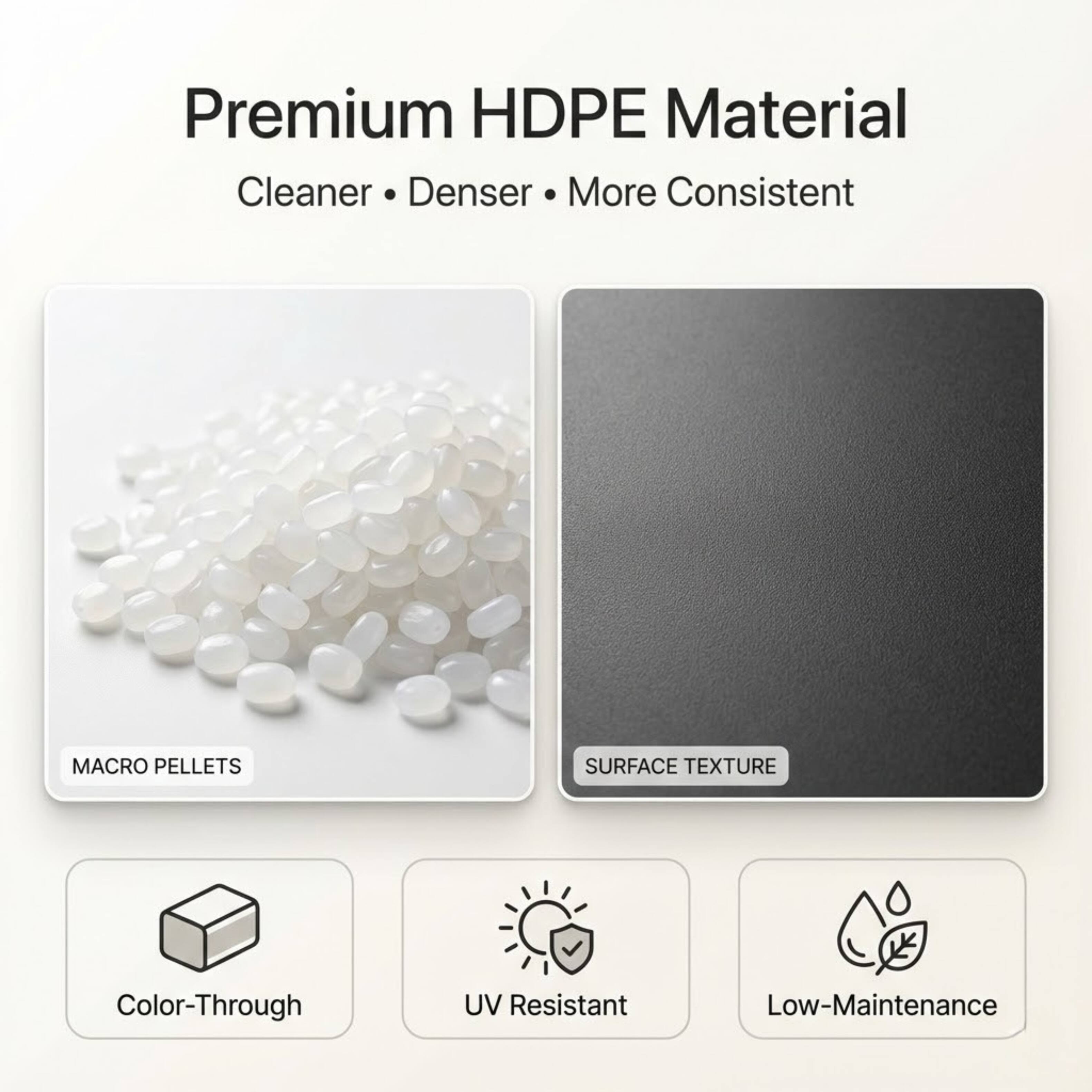 Premium HDPE Material  
Cleaner • Denser • More Consistent  

MACRO PELLETS  
SURFACE TEXTURE  

Color-Through  
UV Resistant  
Low-Maintenance
