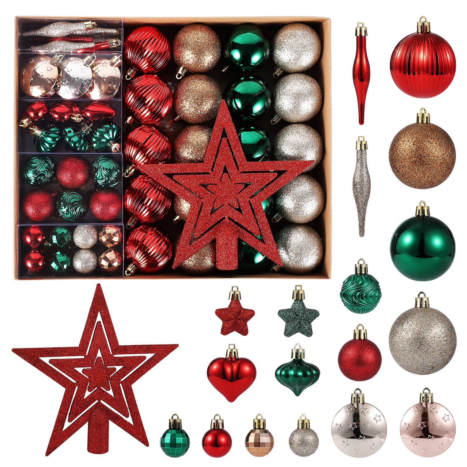 Front. Acekool - 72 Pcs Christmas Balls Ornaments Hanging Balls Xmas Tree Decorations for New Year Home Decor Wine Red Green Brown - Red Green Brown.