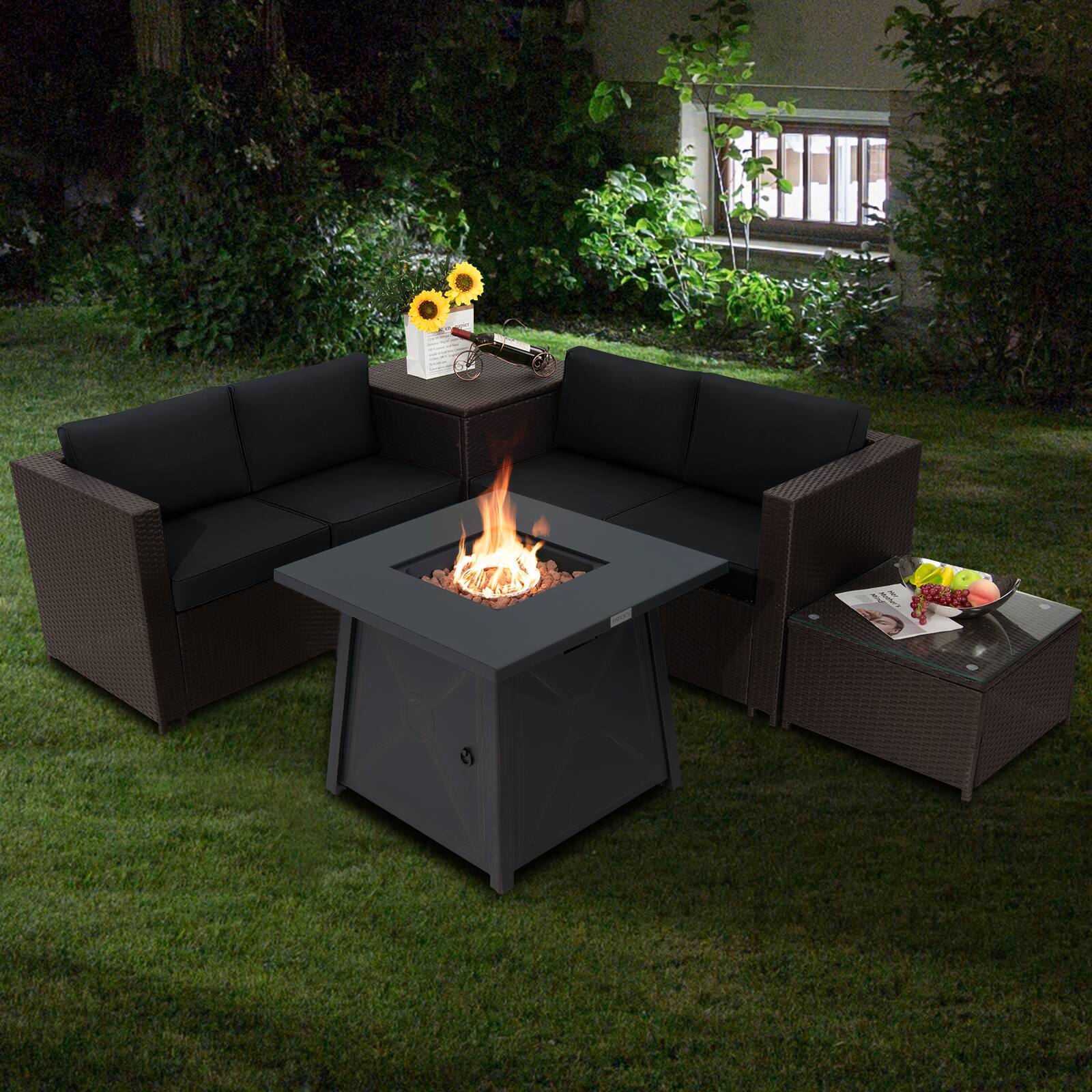 Alt View 1. Costway - Costway 5PCS Outdoor Patio Furniture Set with 50,000 BTU Propane Fire Pit Table Cushions - Mix Brown + Black.