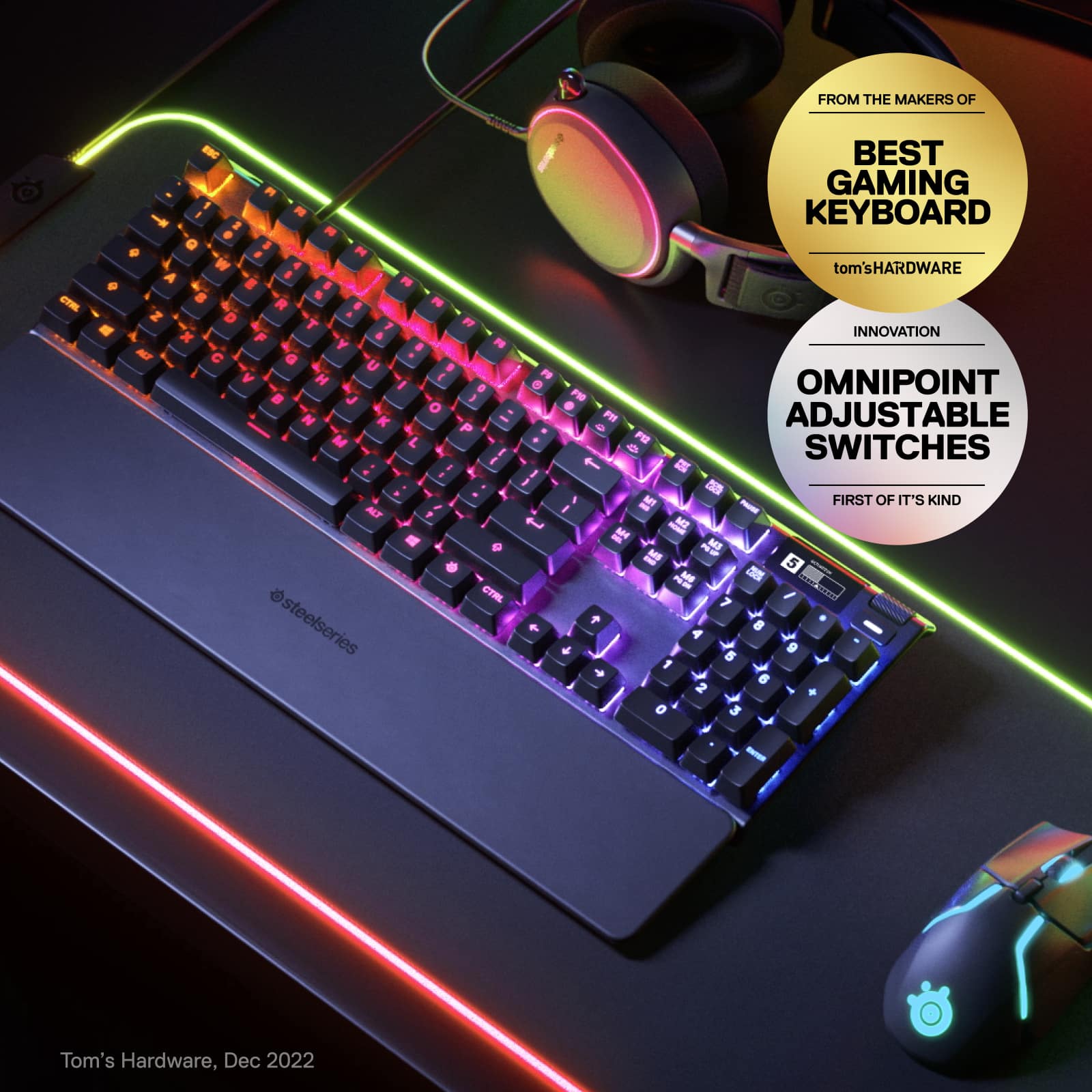 The text on the image reads: "CTAL + 1 F 1 . Q a N . A , . B F 8 . R . N Z D T 7 x F a Y NT C G U V H I . o N K M L ALT P steelseries FROM THE MAKERS OF CuE I BEST GAMING KEYBOARD tom'sHARDWARE F INNOVATION F F . . OMNIPOINT J F . - FB ADJUSTABLE P . FB a SWITCHES E t - I I 20 1 M FIRST OF IT'S KIND I - - M 5 N rer . CTRL - d 7 + 8 4 - + 9 5 J 1 + 6 2 + 0 3 - Tom's Hardware, Dec 2022."