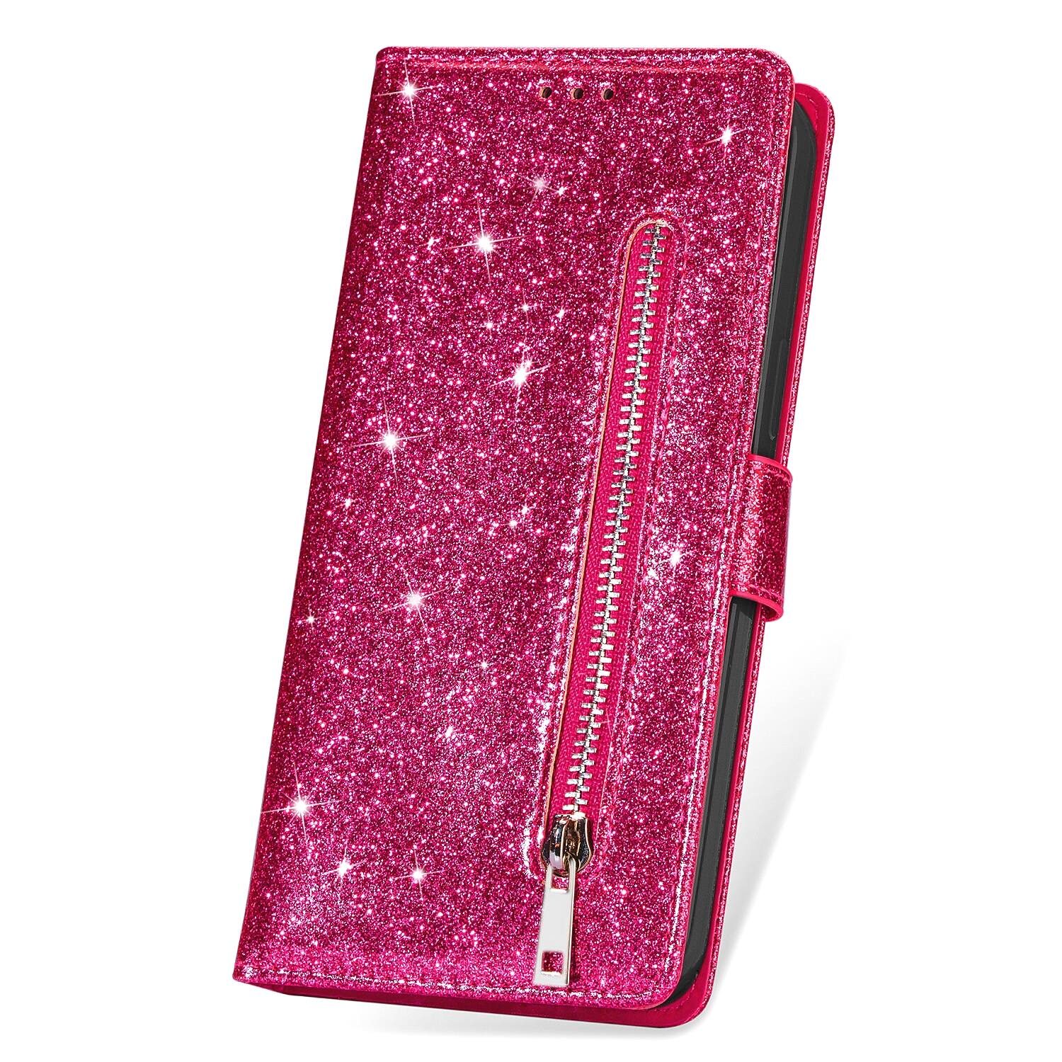Alt View 3. Dteck - Bling Glitter Sparkly Zipper Wallet Card Case for iPhone 17 Pro Max, Shockproof PU Leather Holder Strap Cover - Rose.
