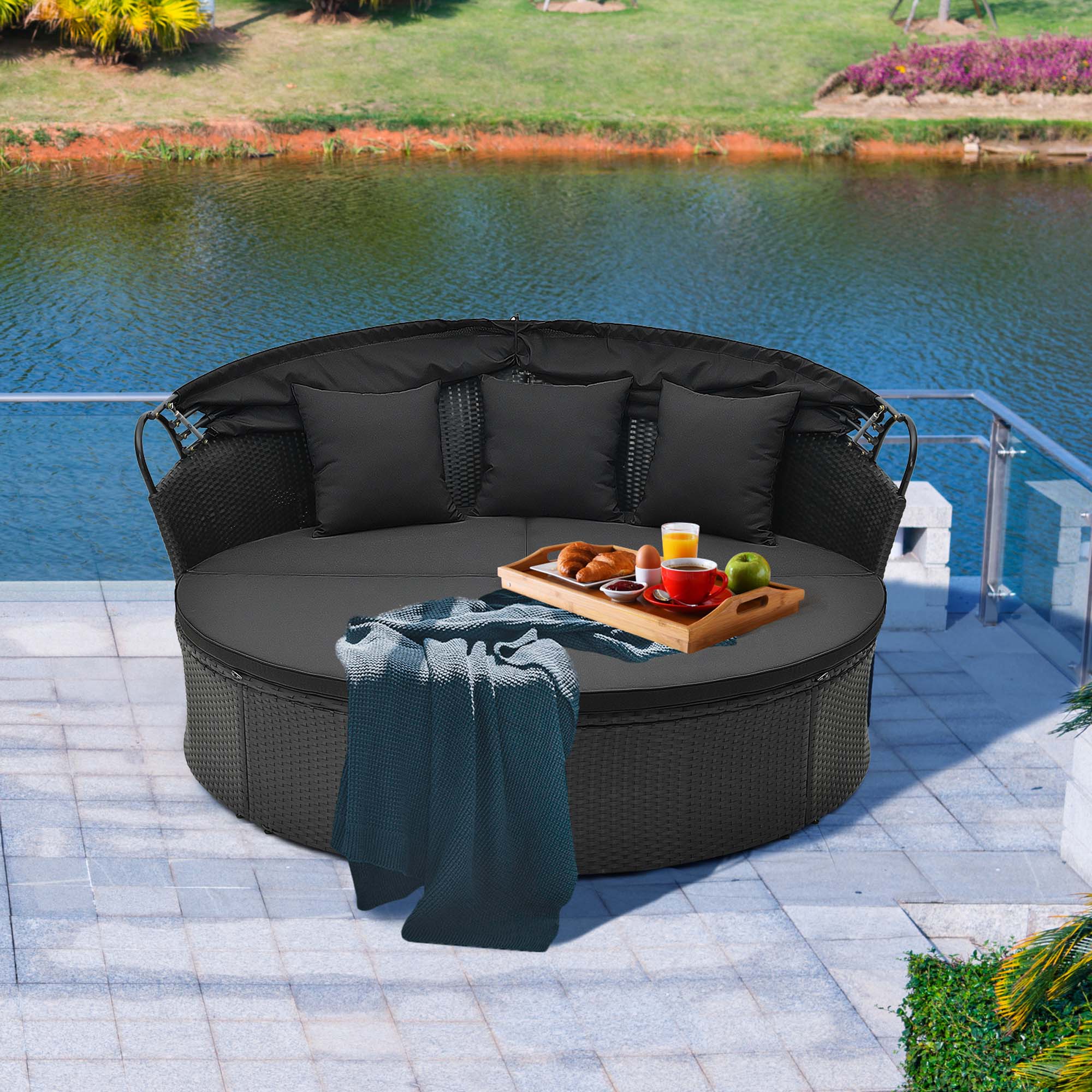 Alt View 3. Costway - Patio Round Daybed with Retractable Canopy Rattan Sectional Seating - Black.
