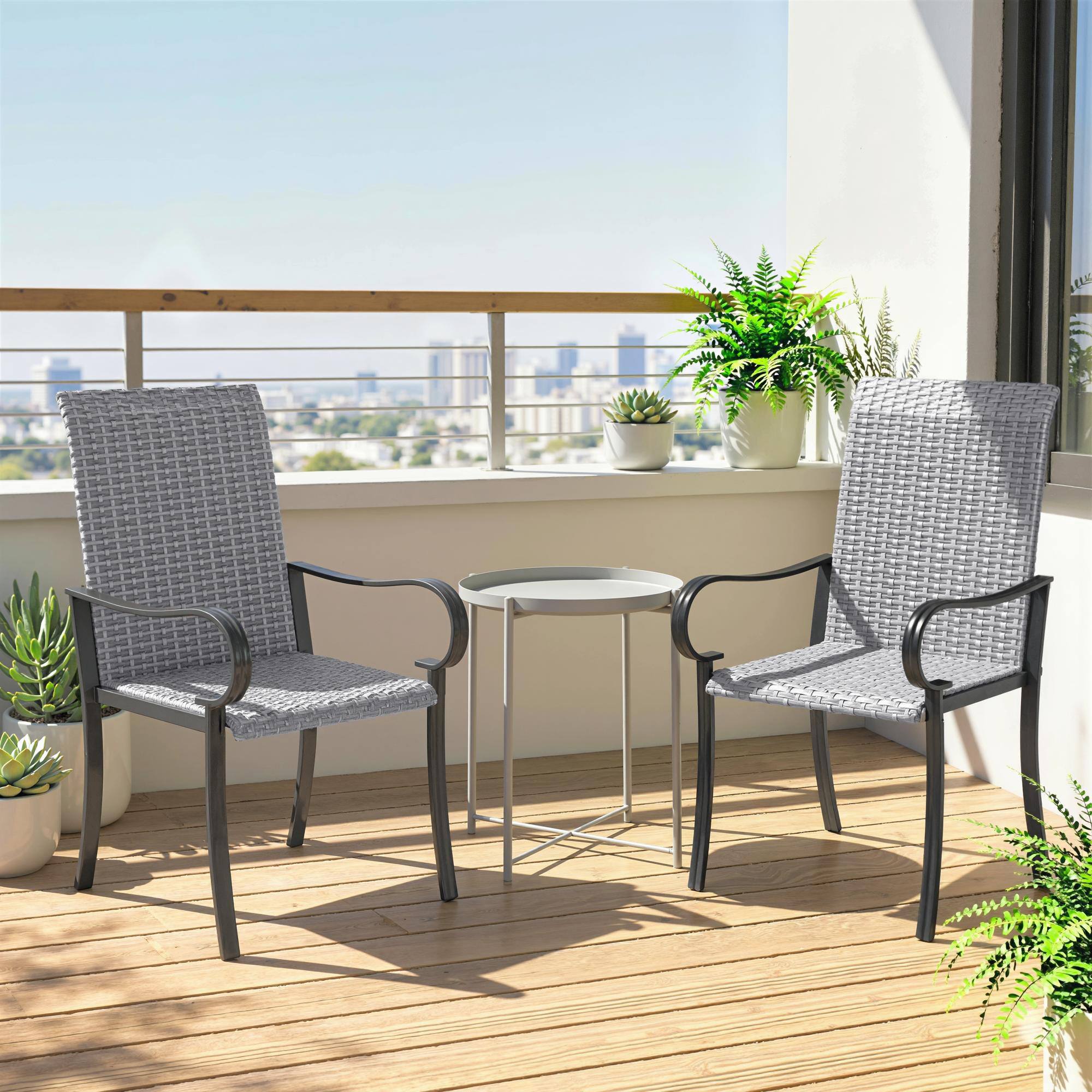 Alt View 6. Outsunny - Set of 2 Outdoor Wicker Dining Chairs with Armrest, Steel Frame - Gray.