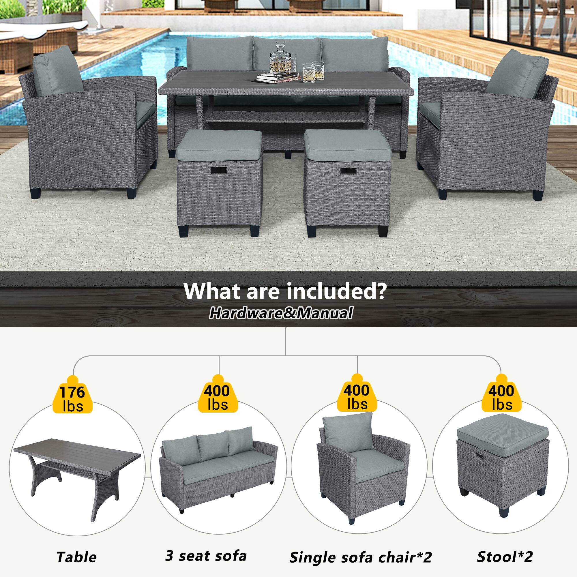 What are included?  
Hardware & Manual  

- Table: 176 lbs  
- 3 seat sofa: 400 lbs  
- Single sofa chair*2: 400 lbs  
- Stool*2: 400 lbs