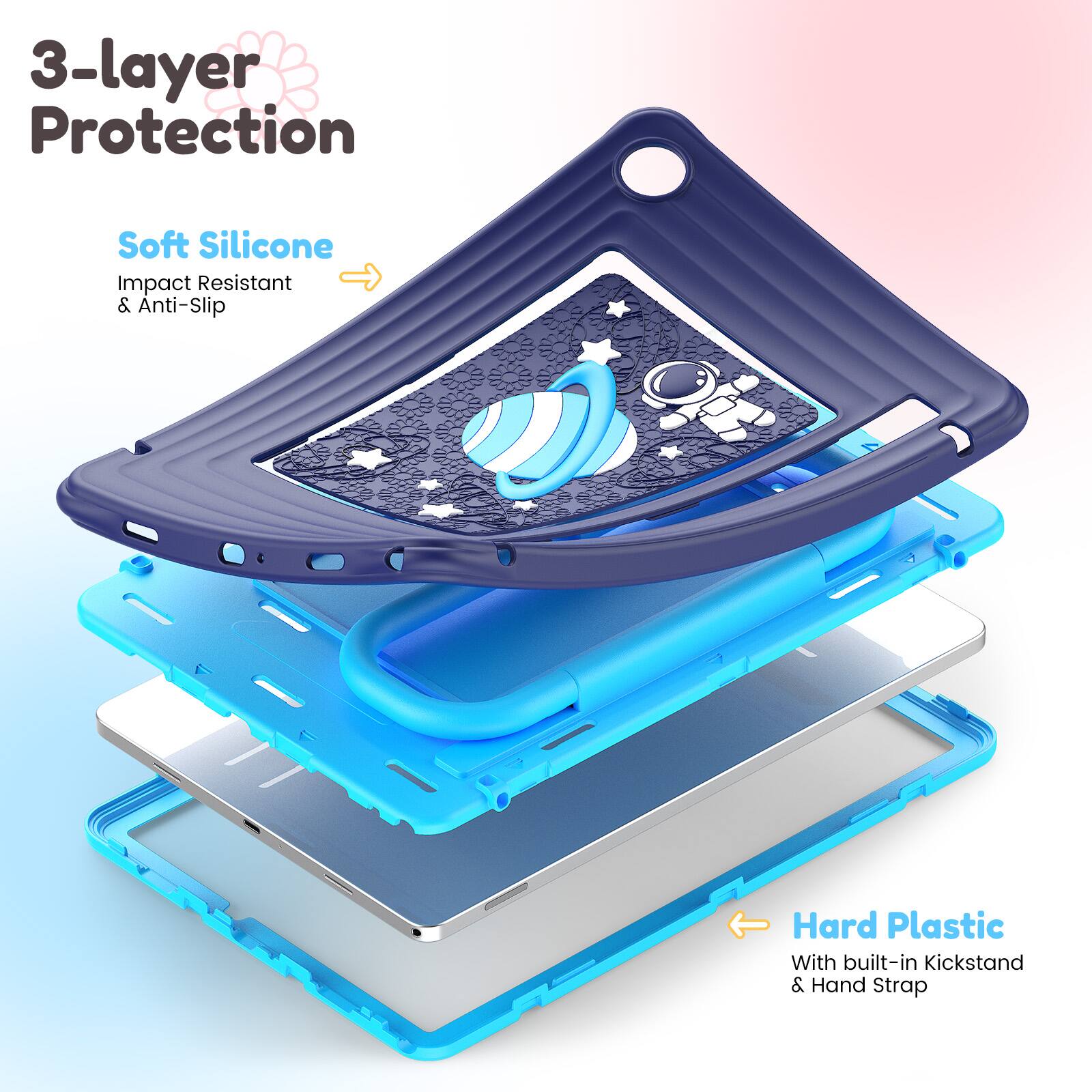 3-layer Protection

Soft Silicone  
Impact Resistant & Anti-Slip

Hard Plastic  
With built-in Kickstand & Hand Strap