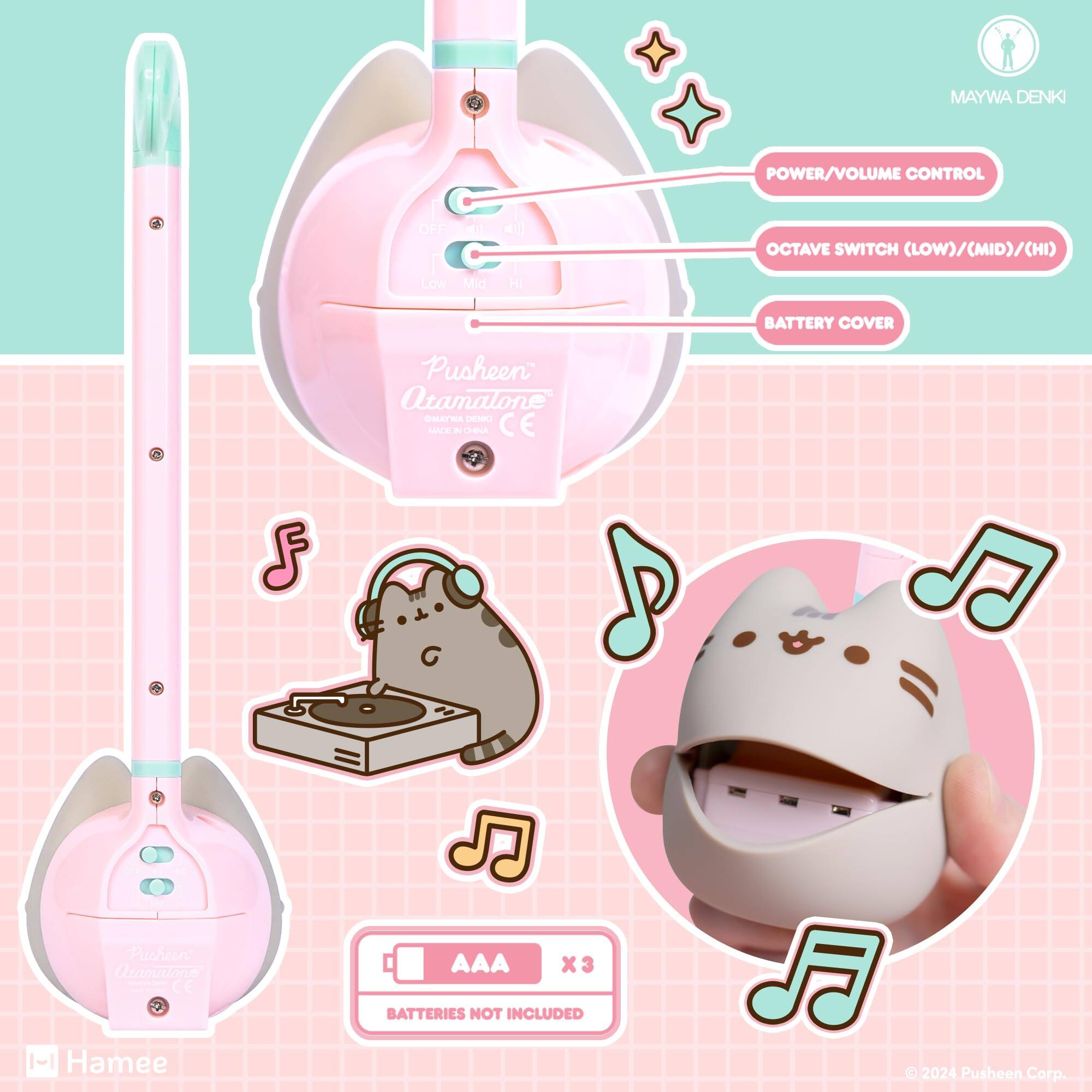 9 MAYWA DENKI POWER/VOLUME CONTROL OFF - ) OCTAVE SWITCH (LOW)/(MID)/(HI) Low Mid H BATTERY COVER Pusheen Qtamalone OMR - -  CE F Pusheon Mtamator CE AAA X3 BATTERIES NOT INCLUDED 1-| Hamee 9 2024 Pusheen Corp.