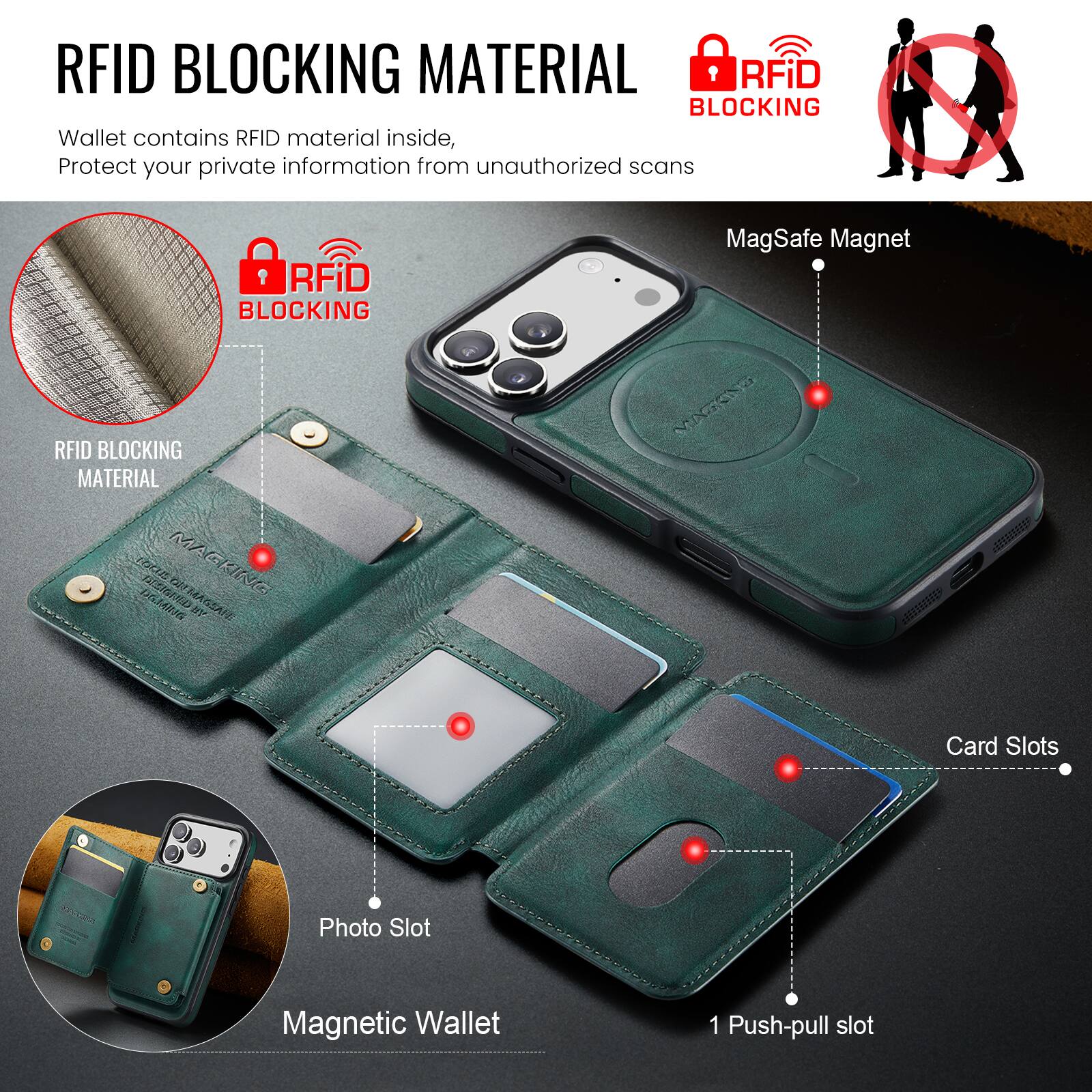 RFID BLOCKING MATERIAL

Wallet contains RFID material inside, Protect your private information from unauthorized scans

RFID BLOCKING MATERIAL

RFiD BLOCKING MagSafe Magnet

RFiD BLOCKING MATERIAL

JSE EN MAGKING DISANI HASSAN 9Y CAY 2 ma Card Slots Photo Slot Magnetic Wallet 1 Push-pull slot
