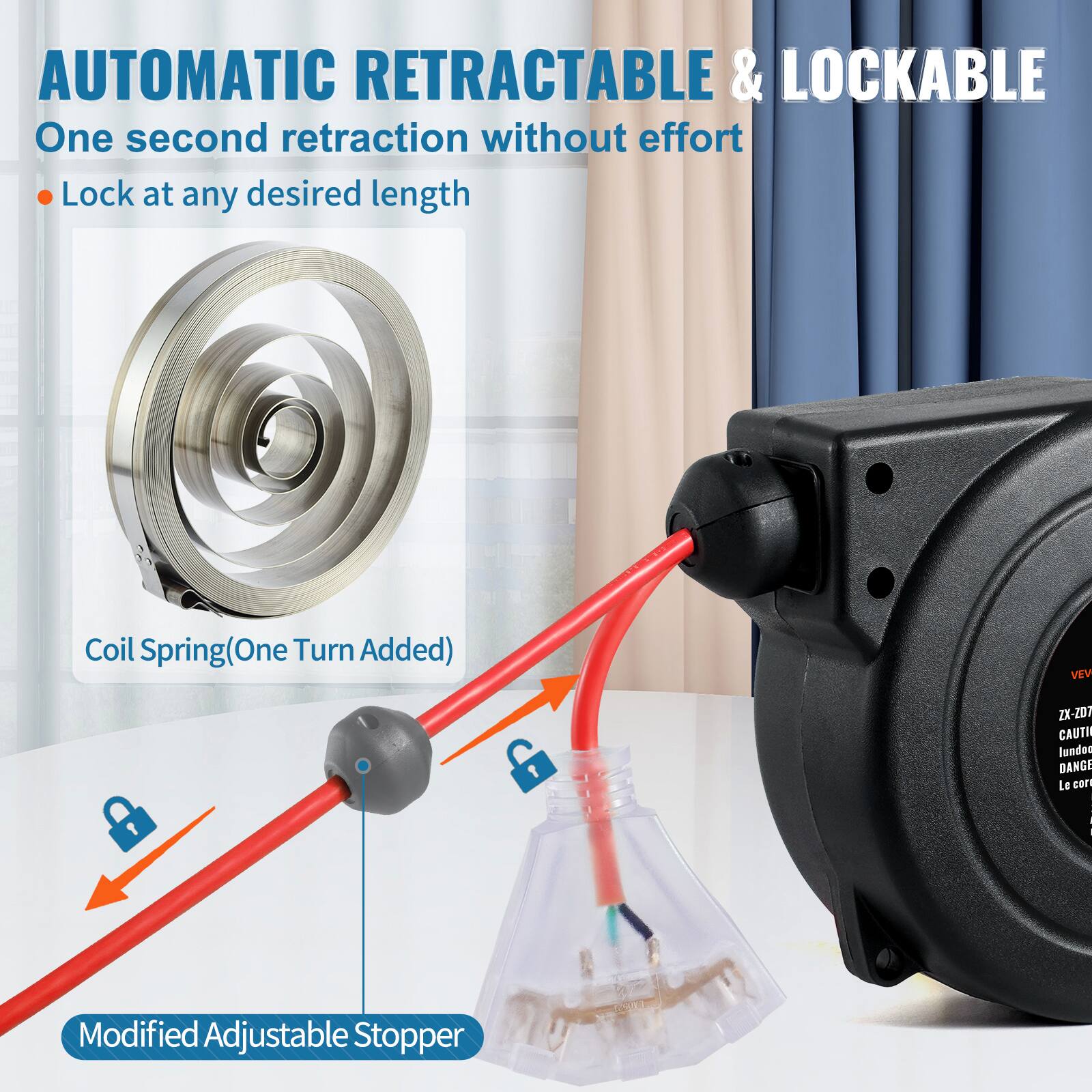 AUTOMATIC RETRACTABLE & LOCKABLE  
One second retraction without effort  
Lock at any desired length  

Coil Spring (One Turn Added)  

Modified Adjustable Stopper  

VEV ZX-ZD7  
CAUTION  
DANGER  
Le cor