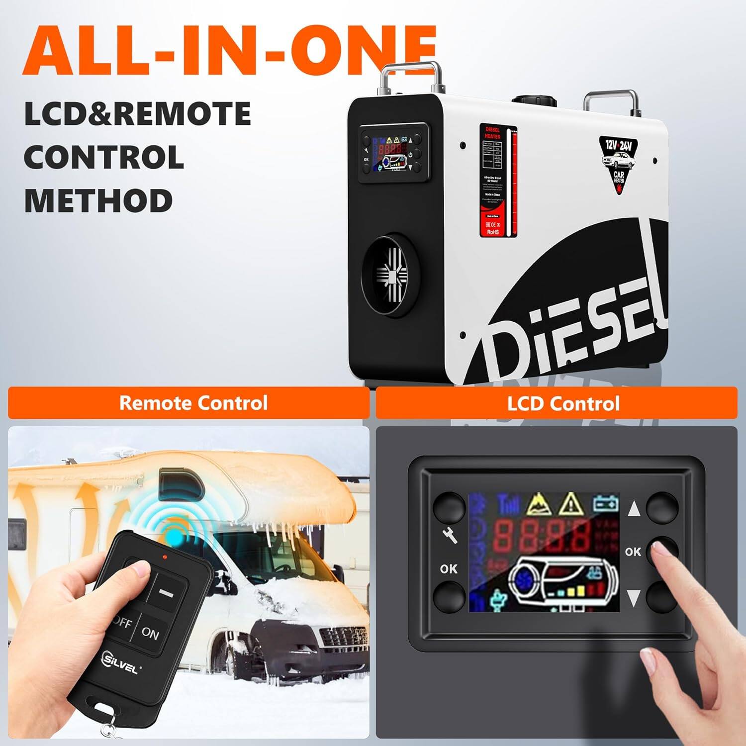ALL-IN-ONE  
LCD & REMOTE CONTROL METHOD  

12V 24V CONTROL CAR METHOD  

DIESEL  

Remote Control  

LCD Control  

88:8.8 OK OK OFF ON LEVEL
