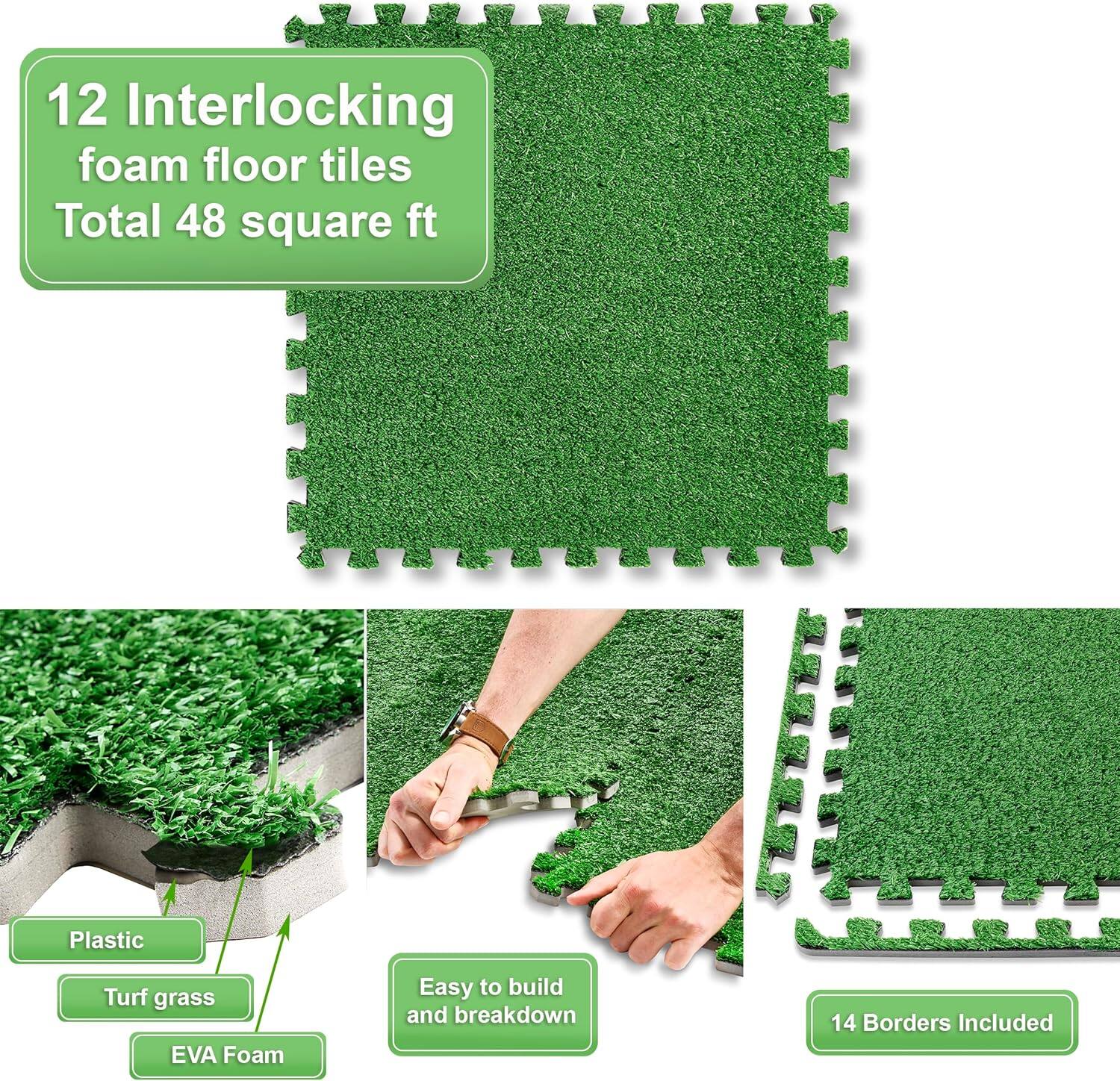 12 Interlocking foam floor tiles  
Total 48 square ft  

Plastic Turf grass EVA Foam  
Easy to build and breakdown  

14 Borders Included