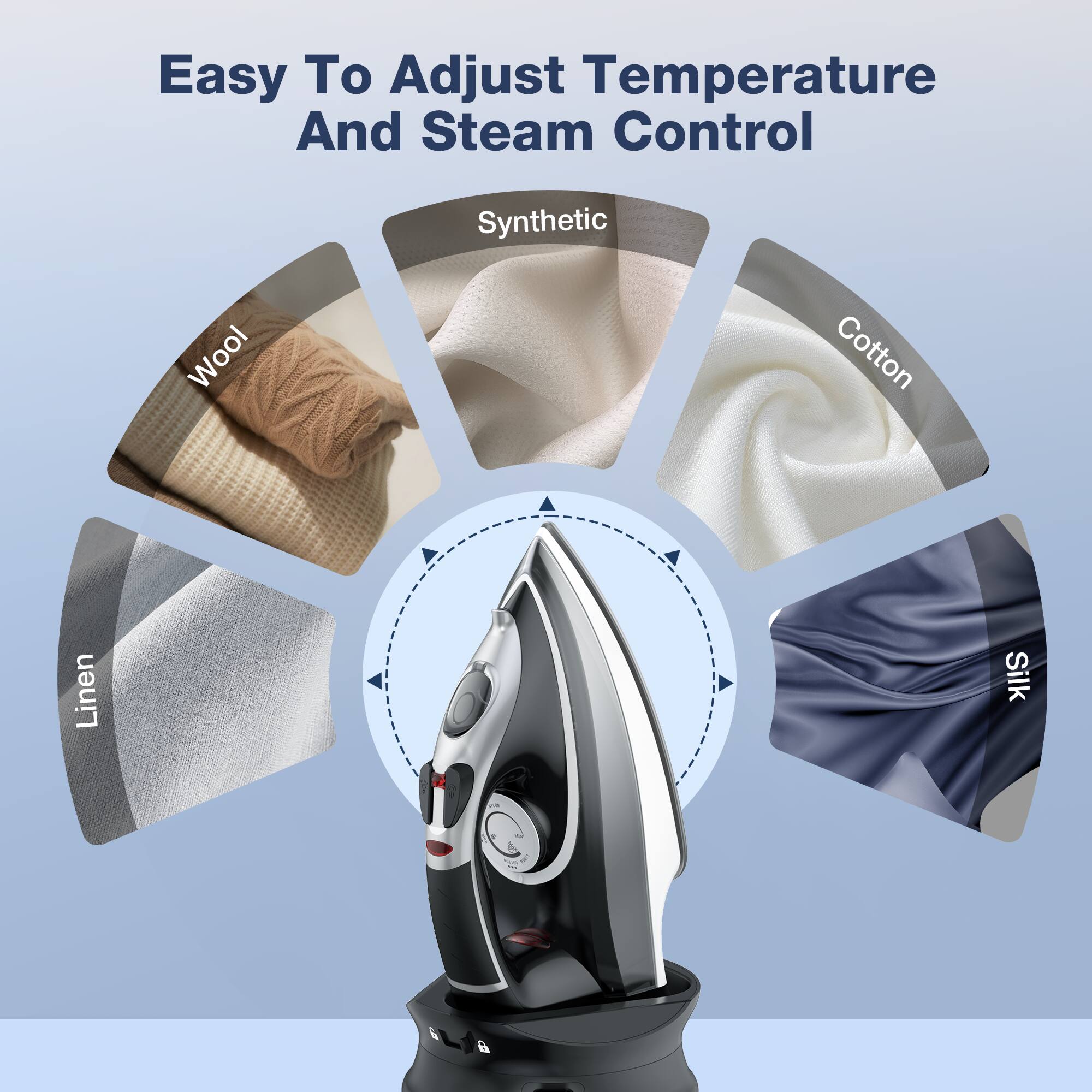 Easy To Adjust Temperature And Steam Control

Synthetic
Wool
Cotton
Linen
Silk