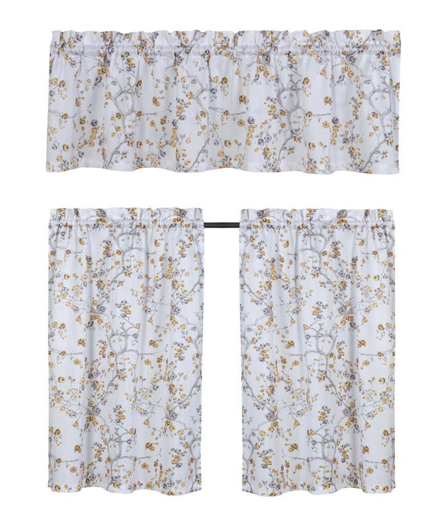 Angle. Kate Aurora - Kate Aurora Complete 3 Piece Rod Pocket Cherry Blossom Cafe Kitchen Curtain Tier & Valance Set - Gold - Gold.