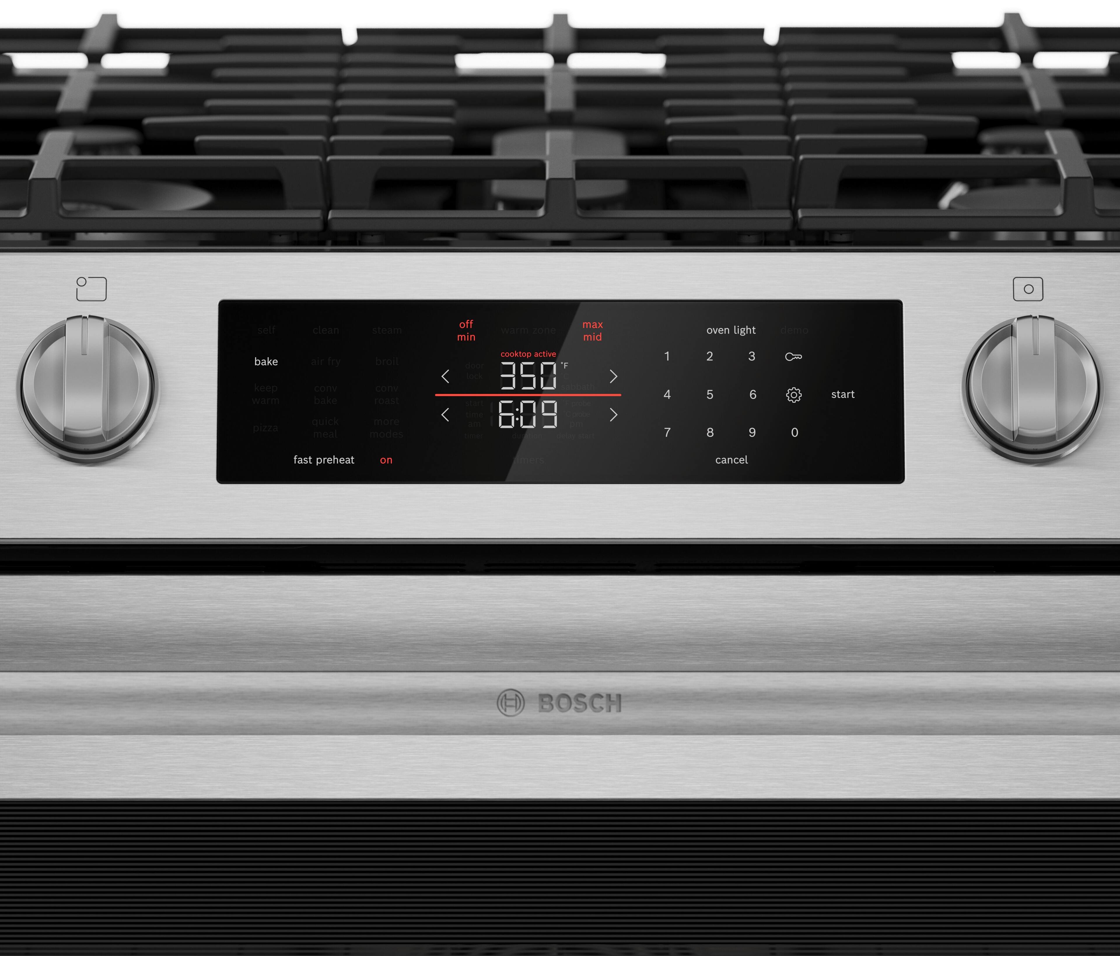 Set to bake. Keep the oven clean. Dry. Cor bake. Qutch meat. Brod. S modes off. Max. Mid. Cooktop active. F. T 350. T 6:09. Oven light. 1 2 3 4 5 6 7 8 9 0. Start. Fast preheat on. Cancel. H. BOSCH.