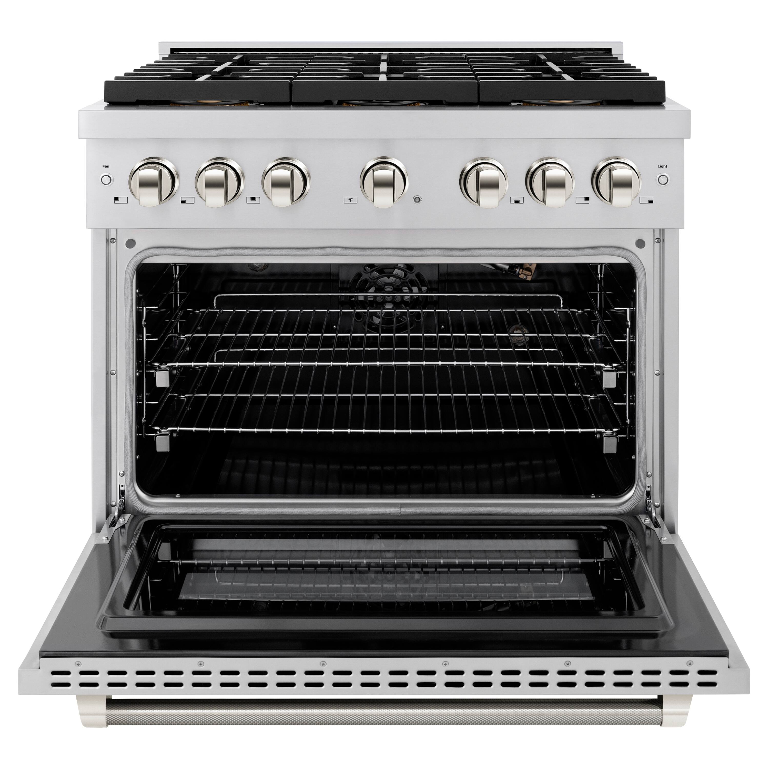 Angle. ZLINE - ZLINE Autograph 36 in. 5.2 Cu. Ft. Freestanding Paramount DuoPro Gas Range in Stainless Steel with Nickel Helix Handle - Stainless Steel.