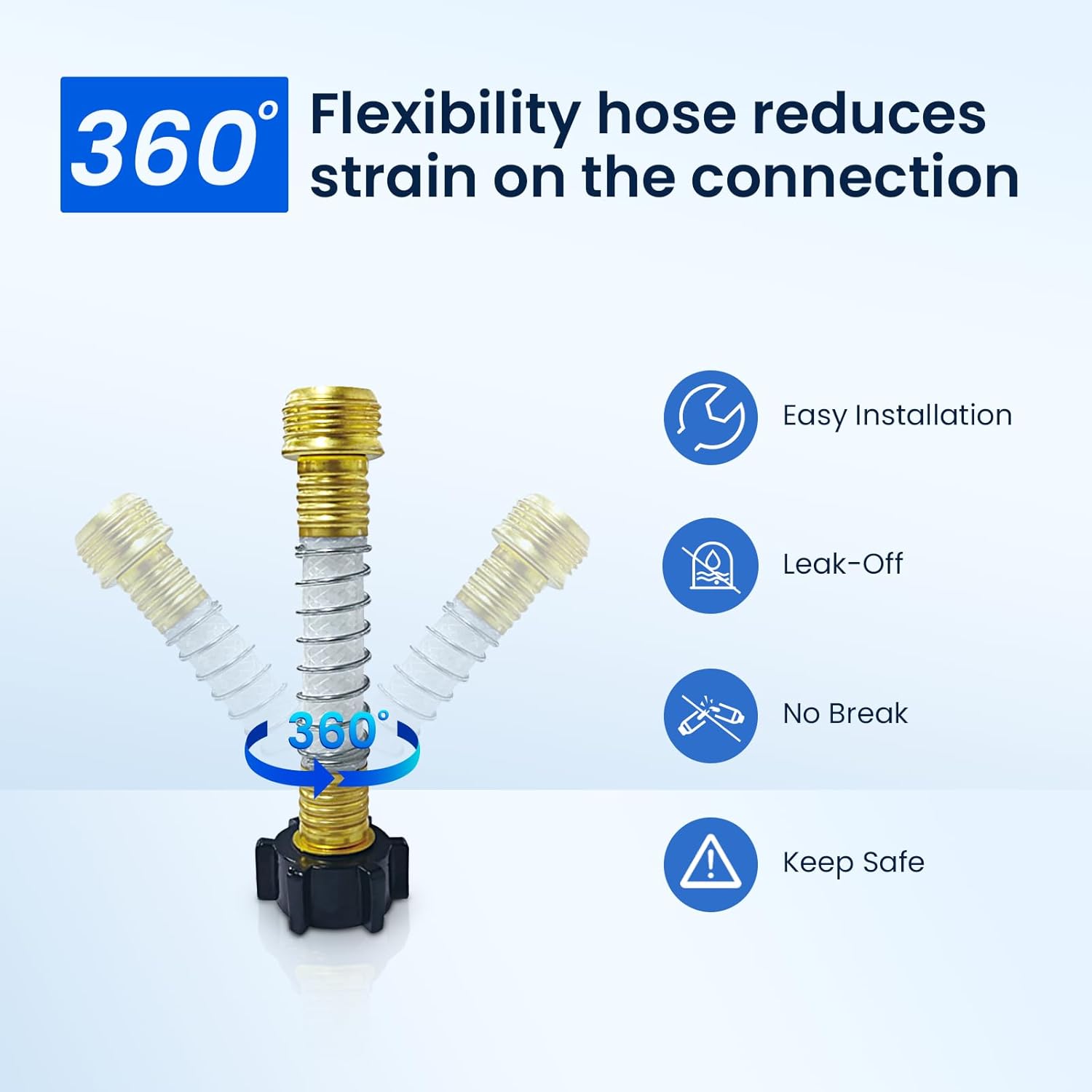 360° Flexibility hose reduces strain on the connection

- Easy Installation
- Leak-Off
- No Break
- Keep Safe