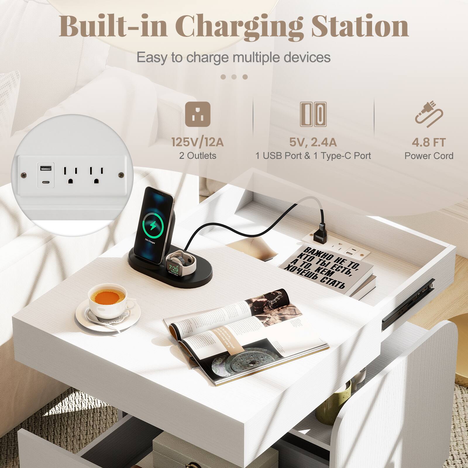 Built-in Charging Station  
Easy to charge multiple devices

- 125V/12A  
  2 Outlets

- 5V, 2.4A  
  1 USB Port & 1 Type-C Port

- 4.8 FT Power Cord